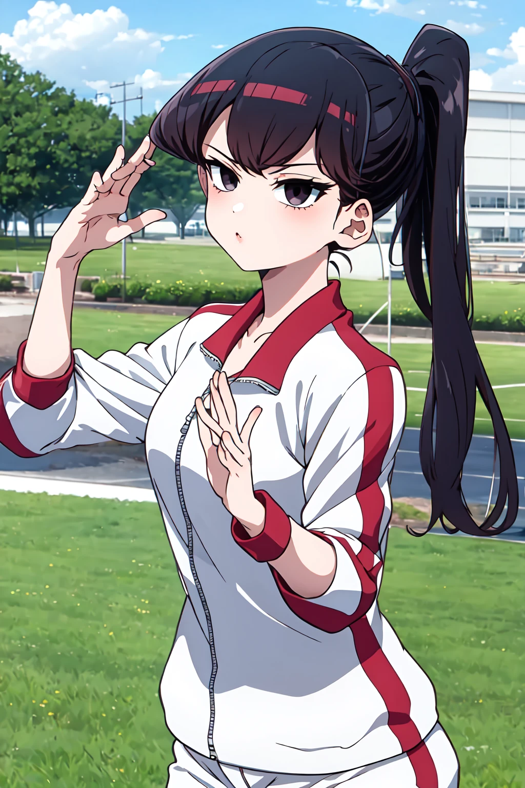 masterpiece, best quality, Posing as if blowing a kiss,   <lora:Komisan-07:0.8>Komisandep, komi shouko, 1girl, solo, long hair, ponytail, black hair, black eyes, white shirt, white jacket, track jacket, houshou (kancolle), white shorts, outdoors,