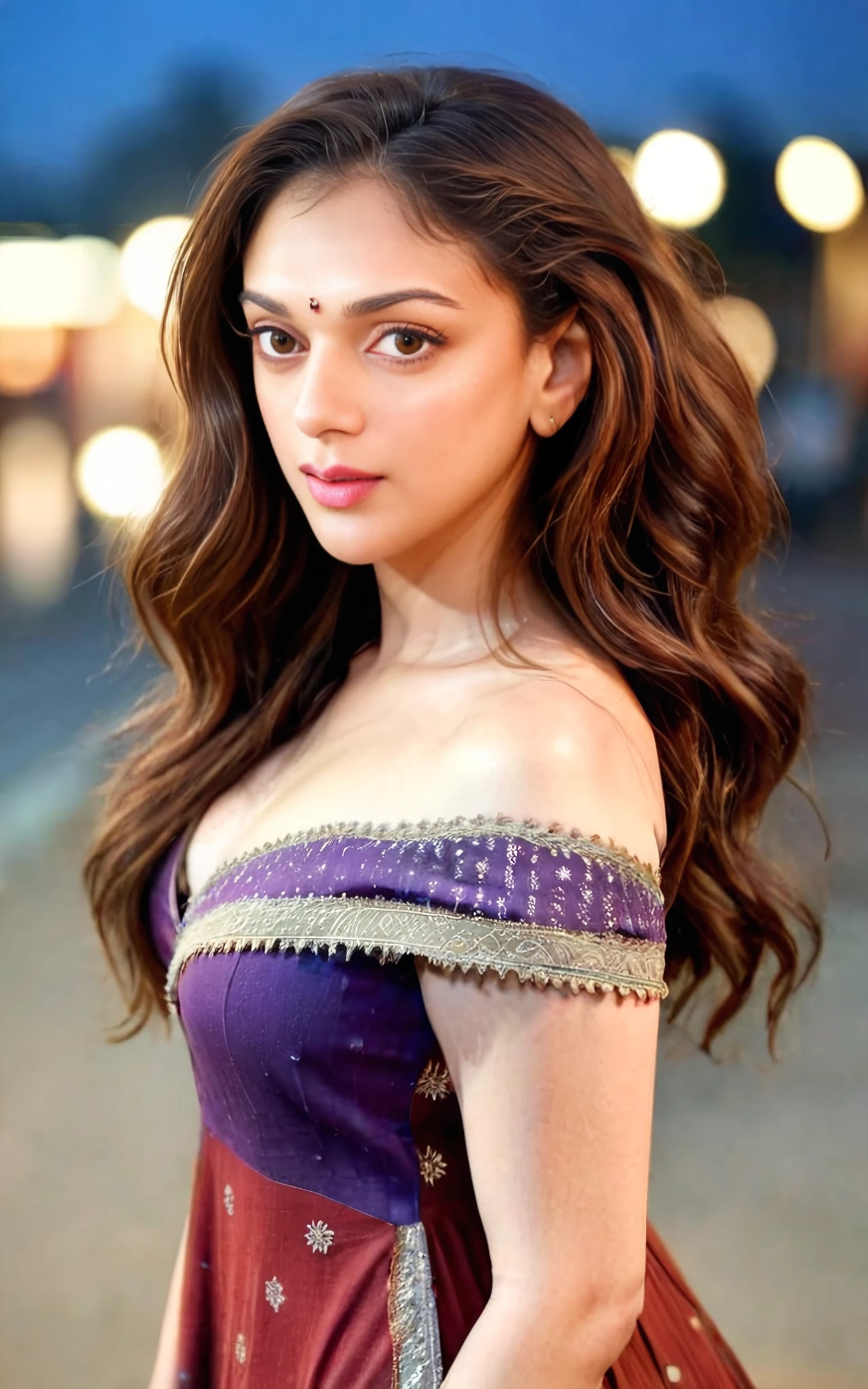 full body photo of aditi rao hydari woman, solo, messy hair cut, , looking at the camera,  Cinnamon ethnic clothing, night time, contrasting background bokeh,  <lora:Aditi_Rao_Hydari_SDXL_LoRA_prodigy_local_xformers_HNE-step00000500:1>