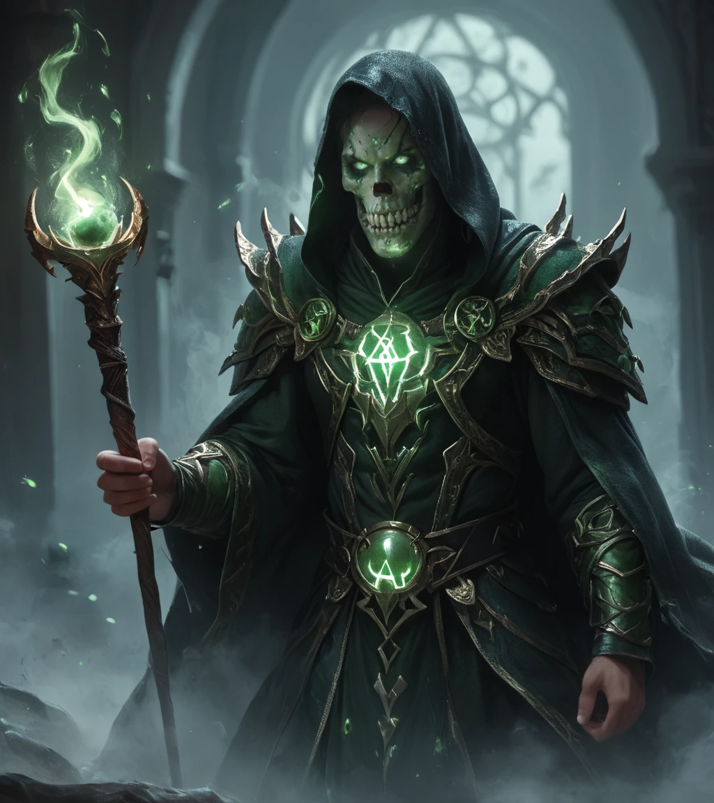 score_9, score_8_up, score_7_up, zPDXL, Powerful scary lich, undead archmage, green skull, holding staff of power, aura of necromancy, green flames, hovering, sharp focus, mysterious, epic, cinematic, dungeons and dragons art, fantasy art, fantasy theme ,orbstaff,<lora:XL_Weapon_Orbstaff_-_By_HailoKnight:0.4>,<lora:Fantasy_Wizard__Witches_PonyV2:0.8>,hkmagic,realistic, realism, highly detailed, perfect quality, high quality, photorealistic, <lora:Concept Art Twilight Style SDXL_LoRA_Pony Diffusion V6 XL:0.8>, <lora:sinfully_stylish_SDXL><lora:hand4:0.8><lora:Expressive_H-000001:0.8>