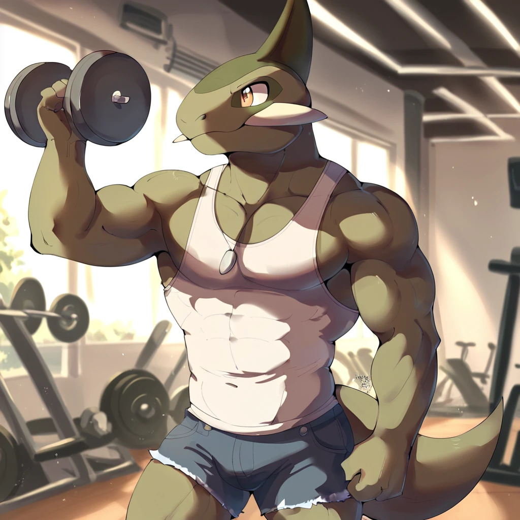 score_9, score_8_up, score_7_up, score_6_up, rating_safe, axew, pokemon, anthro, a professional photograph of axew working out at the gym, muscular, male, wearing tank top, wearing denim shorts, red at the gym, beautiful, outstanding, dynamic cinematic photography