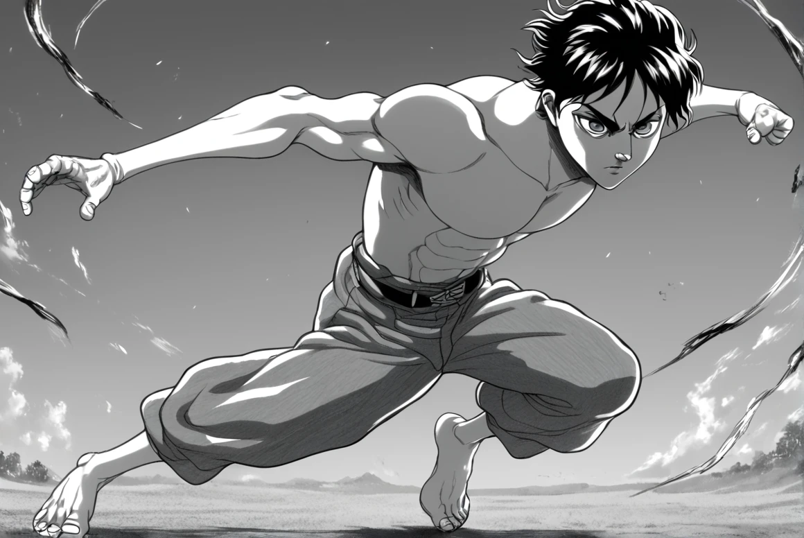 score_9, score_8_up, score_8,   <lora:Itagaki_v2:0.8> b4kisty13, greyscale, monochrome,  fighting pose, barefoot, topless male, solo
 <lora:Eren_Yeager_PonyXL:0.8> eren_yeager, male focus, eren yeager, black hair, official style, paradis military uniform, thick eyebrows