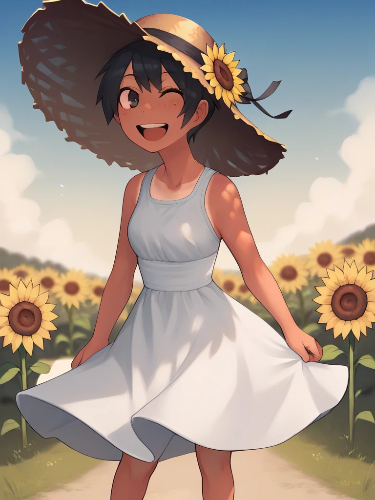 <lora:Lvi-PonyXL-1024px:0.9>
score_5_up,  score_6_up,  
1girl, solo, standing, looking at viewer, wearing (white dress,hat, straw_hat), short black hair, happy, tanlines, outdoors, sunny, sunflower field