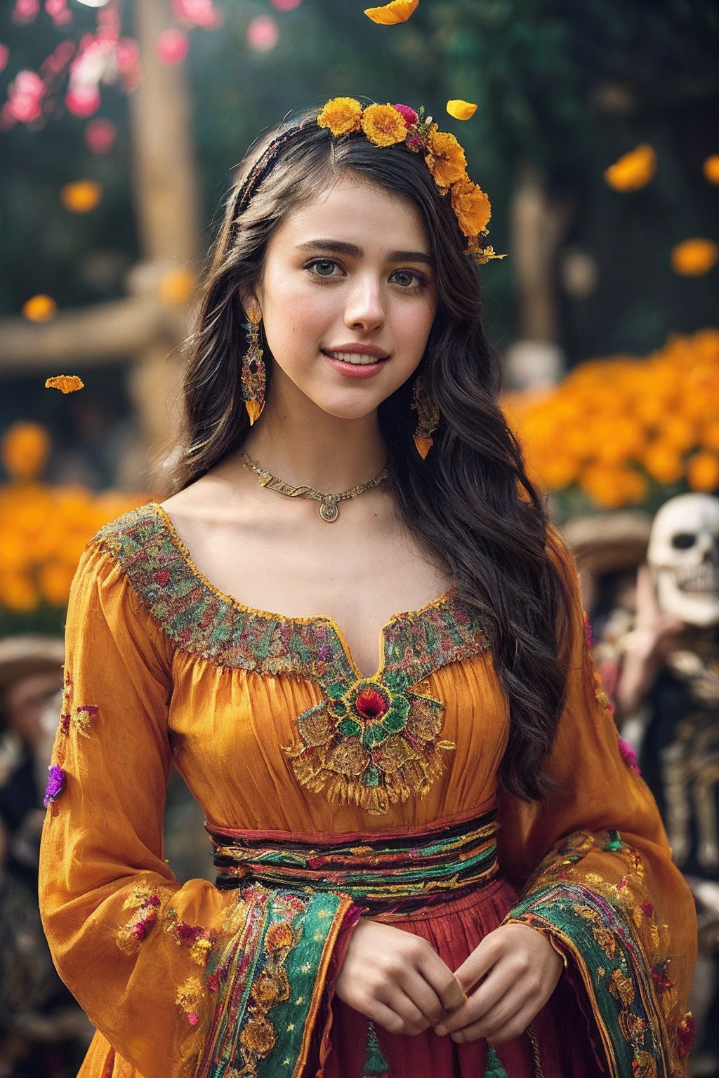 MargaretQ_SoloTI_v1,
(In a vibrant, traditional Mexican outfit with colorful embroidery and a warm smile, exuding cultural pride and familial love), (Amidst the magical Land of the Dead, where glowing marigold petals and lively skeletons create a symphony of music and celebration, a sense of adventure and ancestral connection fills the festive air:1.3), (joyful:1.3), (rich, vivid colors, enchanting setting, musical atmosphere, celebratory shot:1.3),
 <lora:add_detail:0.6> epiCPhoto