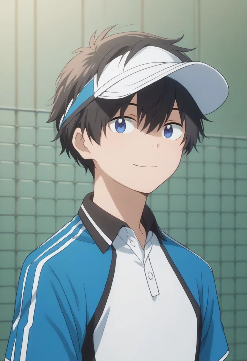 score_9, score_8_up, score_7_up, source_anime, highly detailed, 
maki, 1boy, solo, male focus, black hair, blue eyes, shirt, upper body, short sleeves, hair between eyes, sportswear, collared shirt, white shirt, blue shirt, tennis uniform, visor cap, smile,