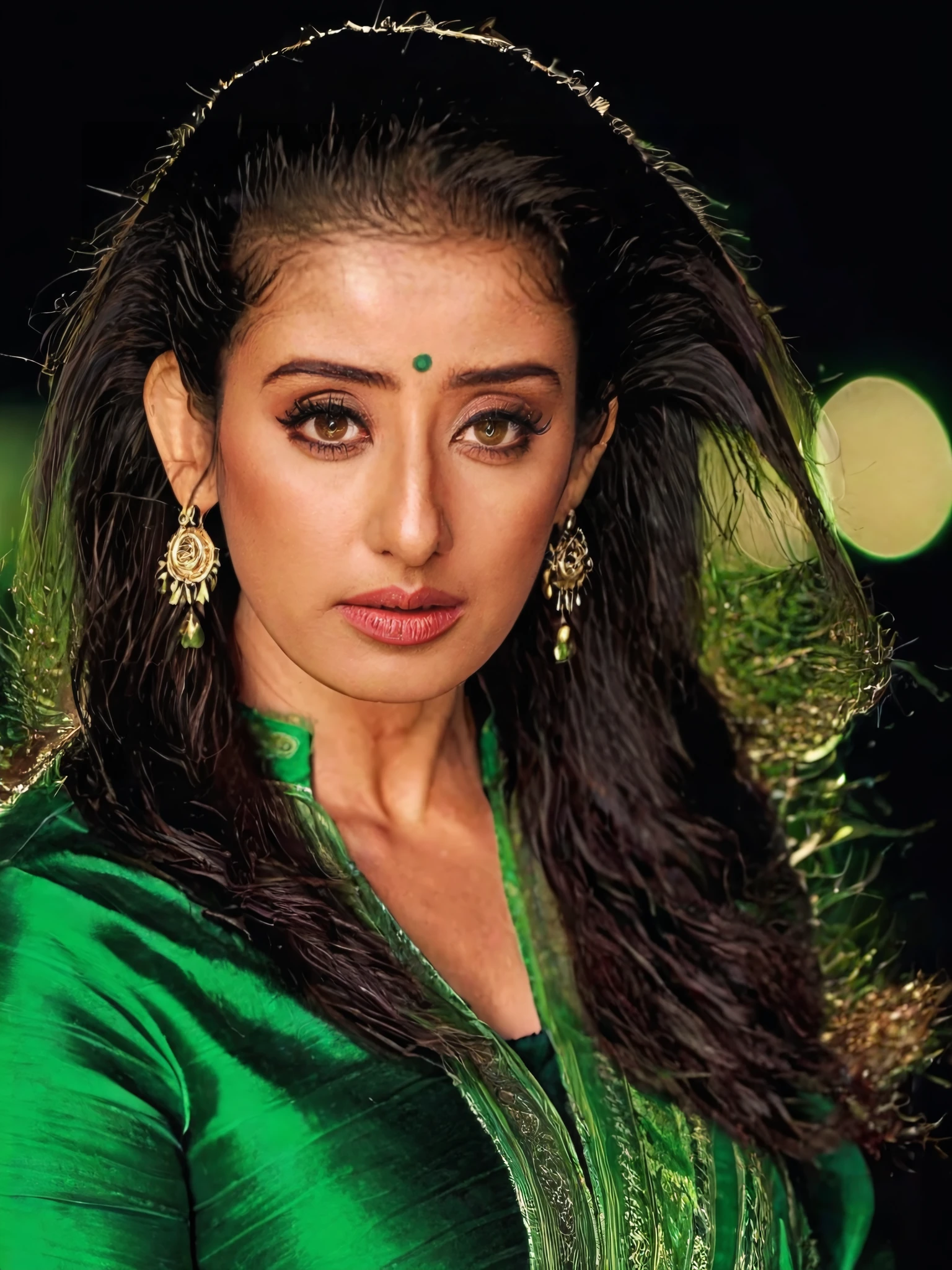 upper body photo of manisha koirala woman, solo, tightly tied hair hair cut, serious look, looking at the camera,  Green ethnic clothing, night time, contrasting background bokeh, <lora:Manisha_Koirala_SDXL_LoRA_prodigy_local_xformers_HNE-000025:1>