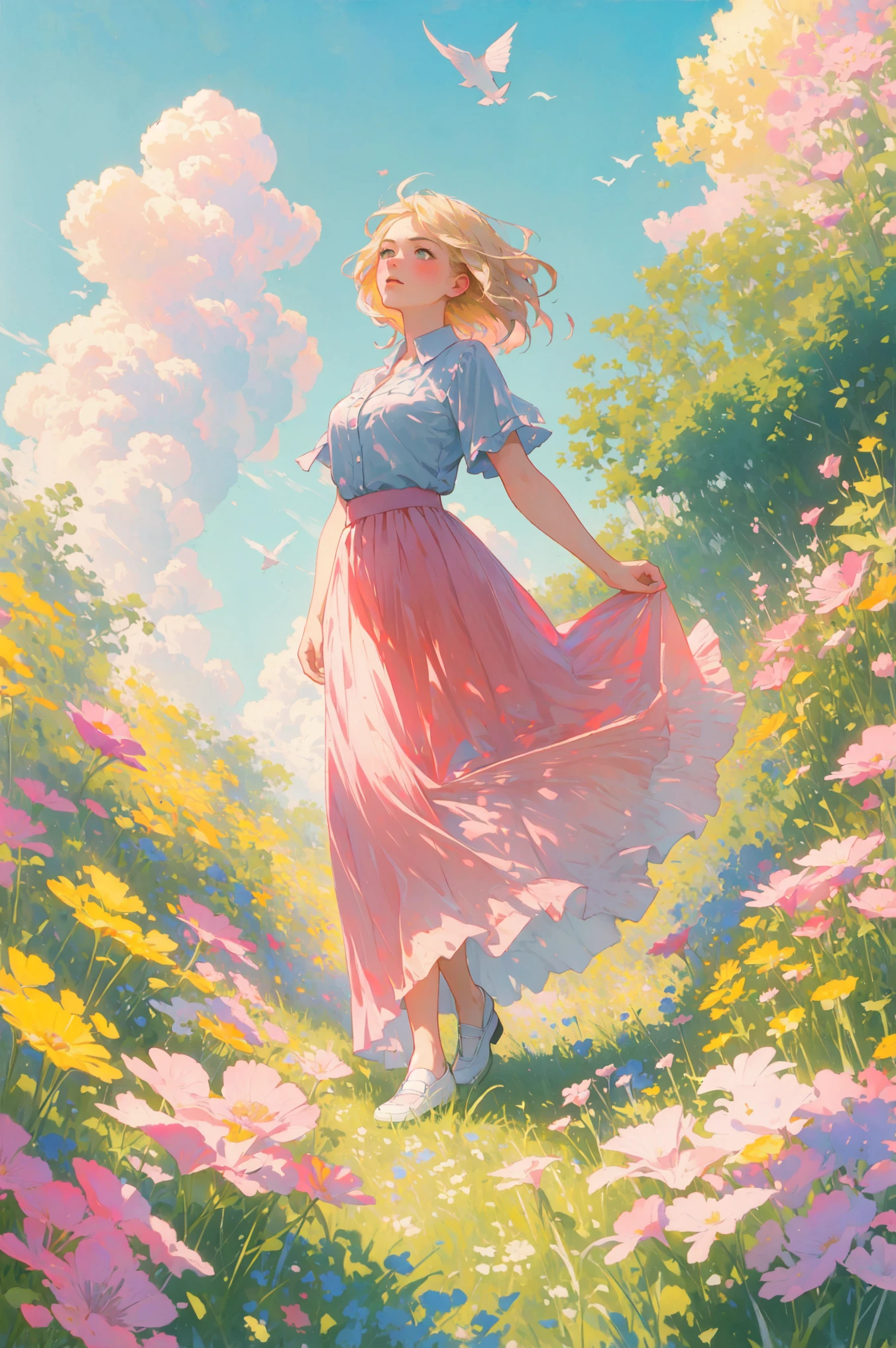 (Masterpiece:1.2),(best quality:1.2),(ultra high resolution:1.2),RetroHalfTone,pink_blue gradient,A girl,wearing a long skirt and short blond hair,dances among the bushes and flowers,with birds flying,blue sky and white clouds,backlight,morning sunshine,19th century,impressionist style,