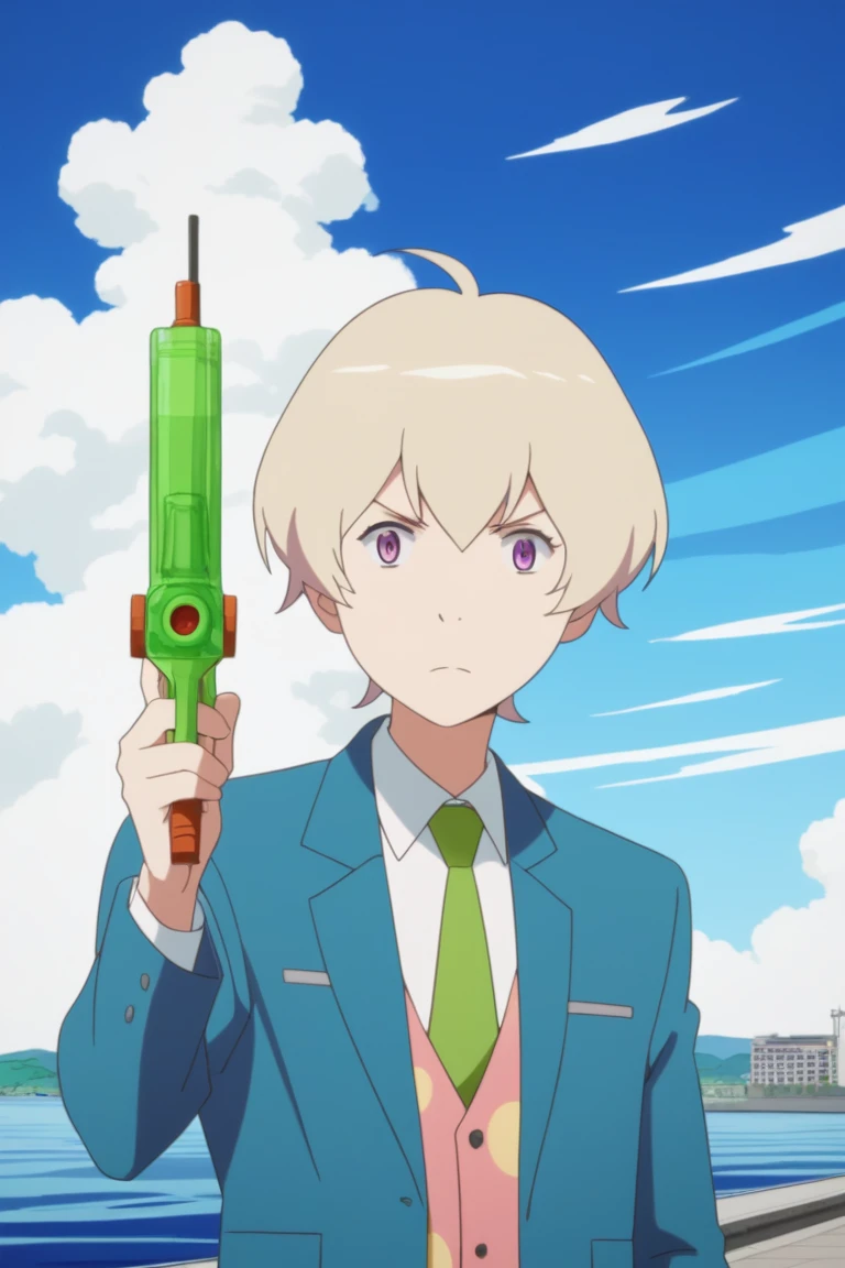 score_9, score_8_up, score_7_up, masterpiece, best quality, amazing quality, best aesthetic, ,absurdres,intricate details,male focus, haru, blonde hair, purple eyes, blue blazer, white shirt, school uniform, 1boy, male focus, solo, parody, necktie, cloud, water gun, sky, day, ocean, style parody<lora:EMS-418647-EMS:1.000000>