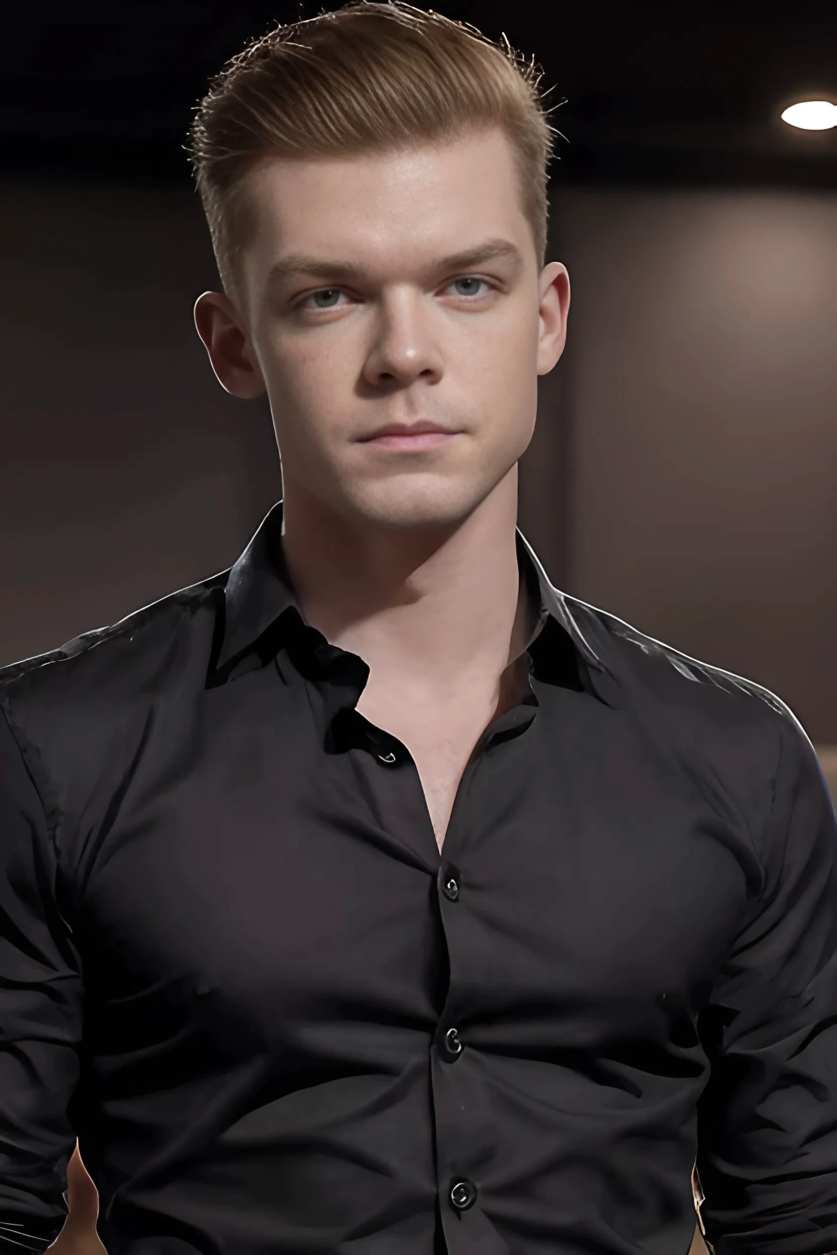 headshot of Cameron Monaghan, nightclub background, he is wearing a fitted black button up shirt, ultra detailed, best quality, (full body photo:1.3), solo, 1boy, looking at viewer, toned body, defined body, ((best quality:1.2)), High Resolution, 8k, headshot portrait, (ultra_realistic:1.3), (photorealistic:1.4), sharp focus, 1boy, (perfect face), wide angle, blue eyes, short red hair, clean shaven, 