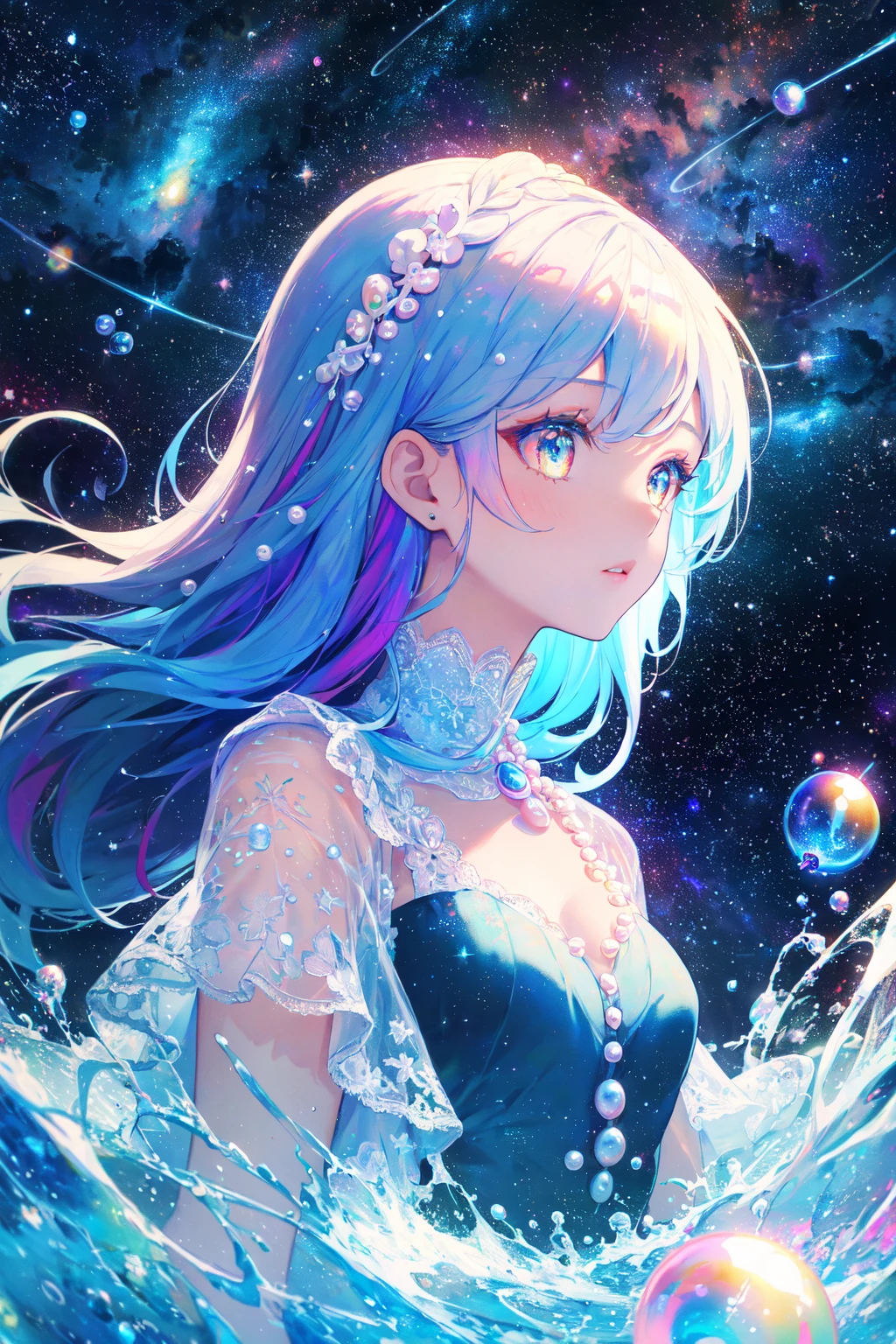 (masterpiece),(best quality),(ultra-detailed),(illustration),1girl,mixed-blood,stars in the eyes,messy floating hair,colored inner hair,Starry sky adorns hair,(colorful Bubble),(pearl),(Galaxy),depth of field,upper body,lace-trimmed dress,