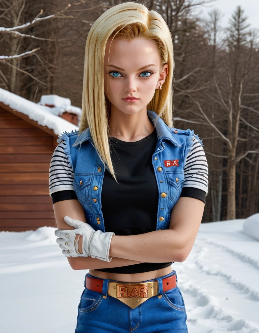 cinematic photo of Superandroid18, black shirt with striped sleeves, denim shorts, belt, mid riff, short sleeves, hair in front of eye, white gloves, ((long blonde hair)), denim jacket, in the snow