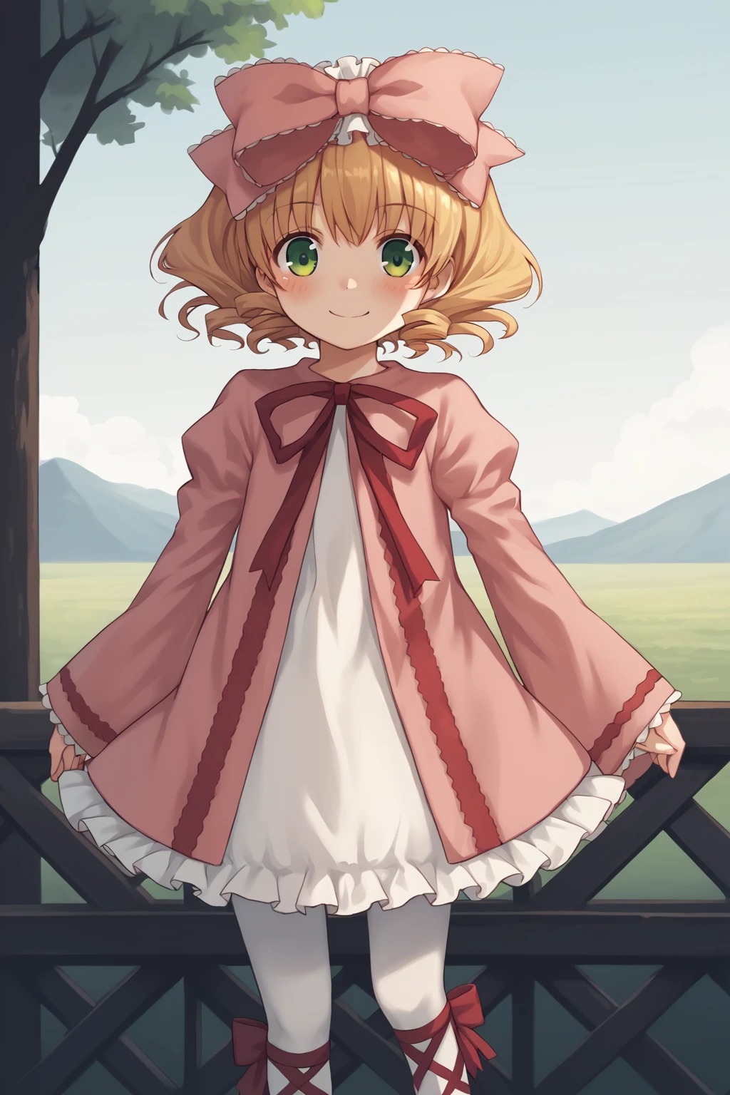 score_9, score_8_up, score_7_up, score_6_up, score_5_up, score_4_up, source_anime, BREAK
1girl, <lora:Hinaichigo_pdxl_v1.0:0.95> hinaichigo, dress, ribbon, bow, pantyhose, BREAK
outdoors, blush, smile, looking at viewer, cowboy shot