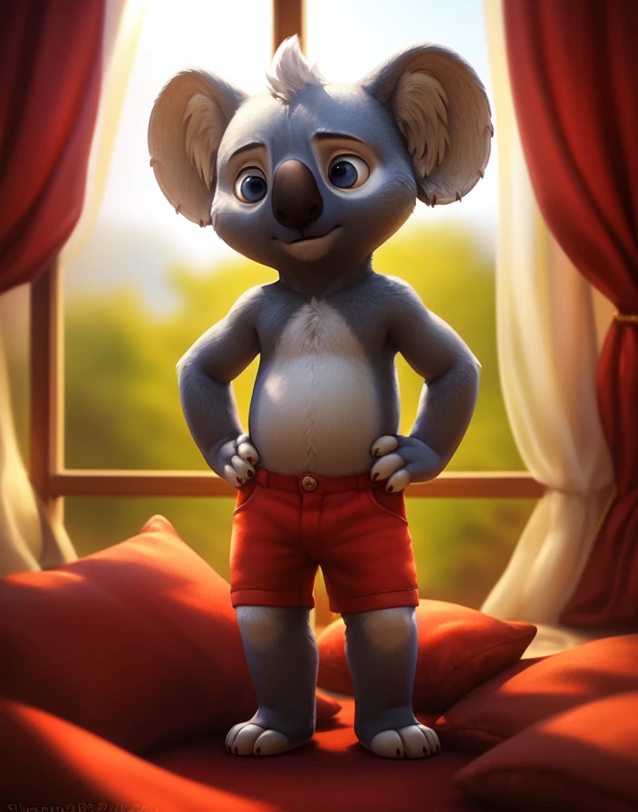 cinematic film still  <lora:BlinkyBillAnimN1:0.85>  BlinkyBillAnimN1,  koala, Red shorts,   (Hands on hips, standing,)
Male, Detailed multicolored skin, ( solo), [day, room , luxury room, children's room window, landscape outside the window, curtains, bed, pillows, light from the window], 
(beautiful, aesthetic, perfect, delicate, intricate), masterpiece, digital drawing, best quality, AS-YoungerV2:0.6, AS-YoungestV2:0.5,   
by Lostgoose, by Silverfox5213, by Joaqun Sorolla    
 . shallow depth of field, vignette, highly detailed, high budget, bokeh, cinemascope, moody, epic, gorgeous, film grain, grainy