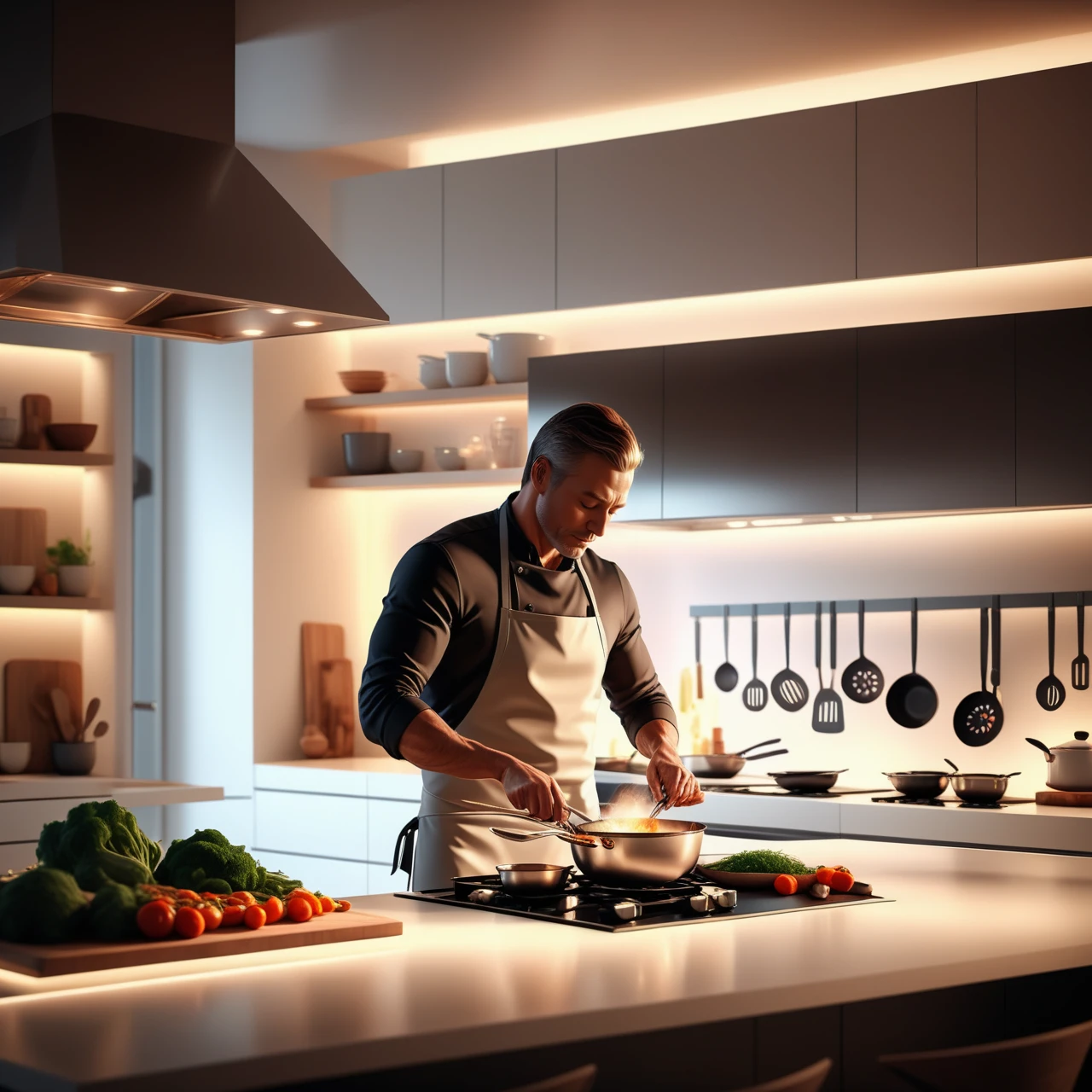 a man cooking for dinner in a Jed-Modern kitchen, masterpiece, full of details,ambient light, photorealistic, sharp and in focus  <lora:ModernInteriorSDXL:0.7>