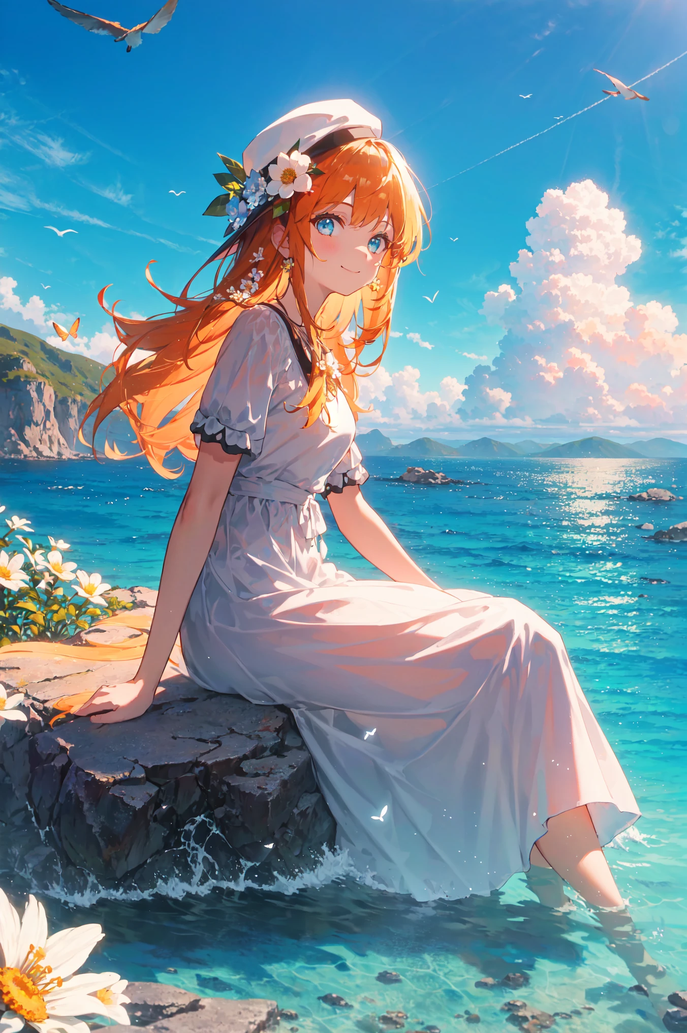 1girl,outdoors,solo,flower,blue eyes,long hair,looking at viewer,long dress,hat,ocean,dress,sitting,white flower,sky,***,hat flower,day,bangs,butterfly,water,long sleeves,blue sky,rock,cloud,orange dress,blonde hair,horizon,orange headwear,hair ornament,closed mouth,smile,hair flower,short sleeves,looking to the side,bird,scenery,mountainous horizon,red headwear,white dress,