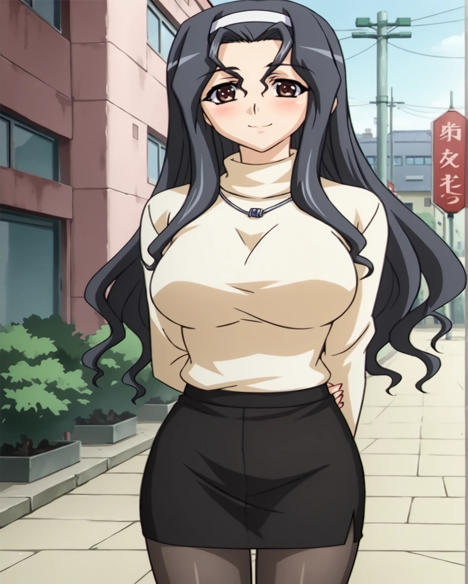 score_9, score_8_up, score_7_up, source_anime BREAK 1girl, solo, cowboy shot, hetero, outdoors, solo focus. black hair, long hair, hairband, parted bangs, brown eyes, looking at viewer, blush, smile, sweater, pencil skirt, large breasts, standing, arm behind back, hidden hands, pantyhose, neckless, <lora:Yuuko_Houkago_2_Sayuri_for_Pony:1>, yuuko, rating_questionable