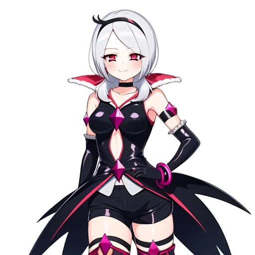 fresh_precure, eas_(fresh_precure!), 1girl, solo, thighhighs, gloves, black shorts, shorts, choker, black choker, red eyes, elbow gloves, white background, black gloves, hairband, black thighhighs, breasts, simple background, looking at viewer, grey hair, short shorts, thigh strap, jewelry, hand on hip, medium breasts, shiny, bracelet, collarbone, shiny hair, closed mouth, bangs, smile