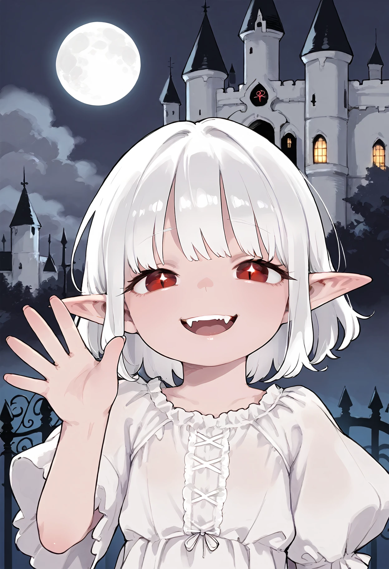 score_9,
moonlight, Night, Moon, White hair, Girl, Vampire, white dress, Closed mouth, Sad, Castle,red eyes, looking at viewer, bangs,open mouth, teeth,fangs,glowing eyes,upper body, waving,smile, narrowed eyes, half elf,