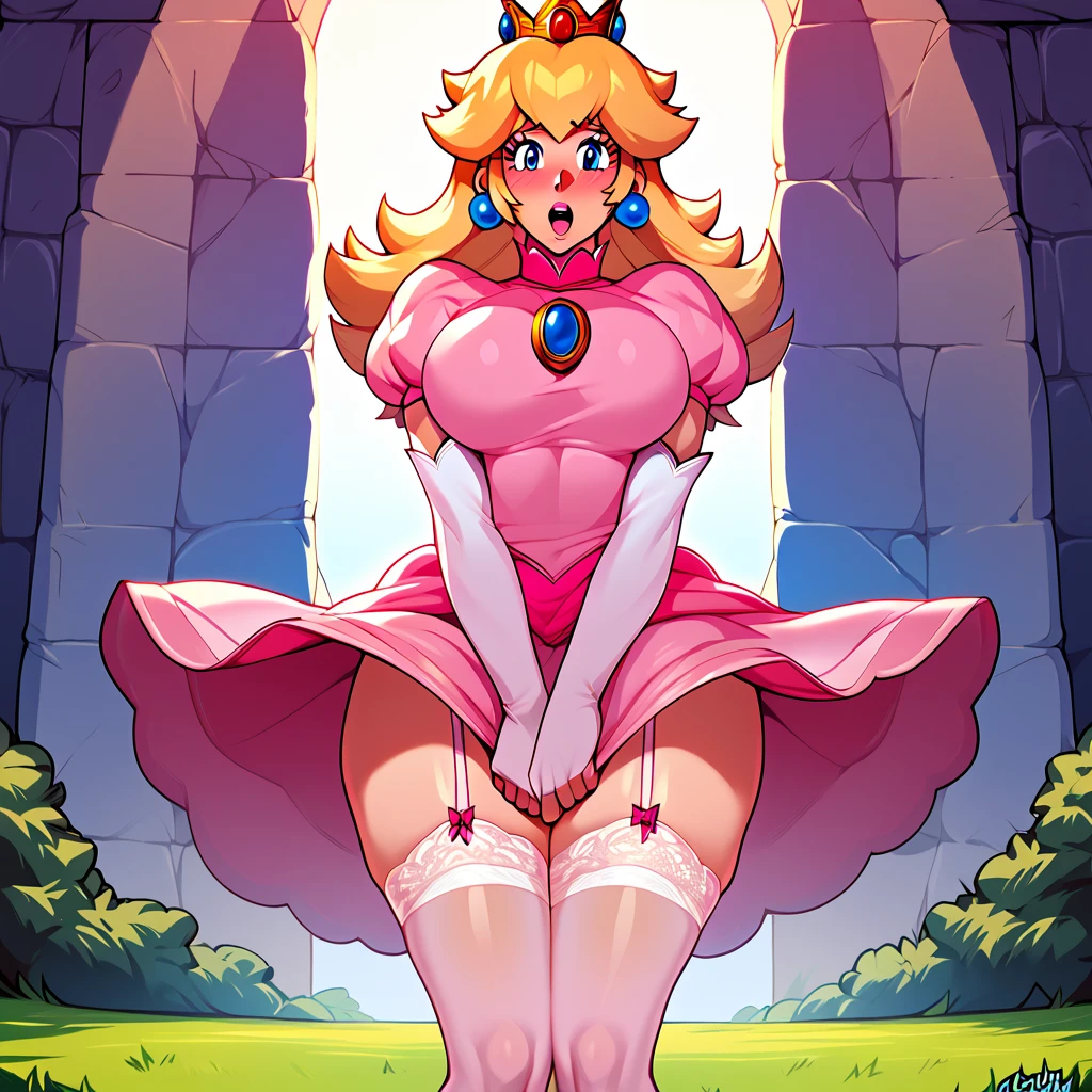 score_9, score_8_up, score_7_up, 1girl, thighs, large breasts, thighhighs, garter belt, pink dress, princess peach, crown, holding down skirt, wind lifting dress, dress up, blushing, nervous, castle background, <lora:Skirt_Tug_Pony:1.3> <lora:StS_detail_slider_release_two_v3:2> <lora:Jigglygirls_Style_Pony:0.7>