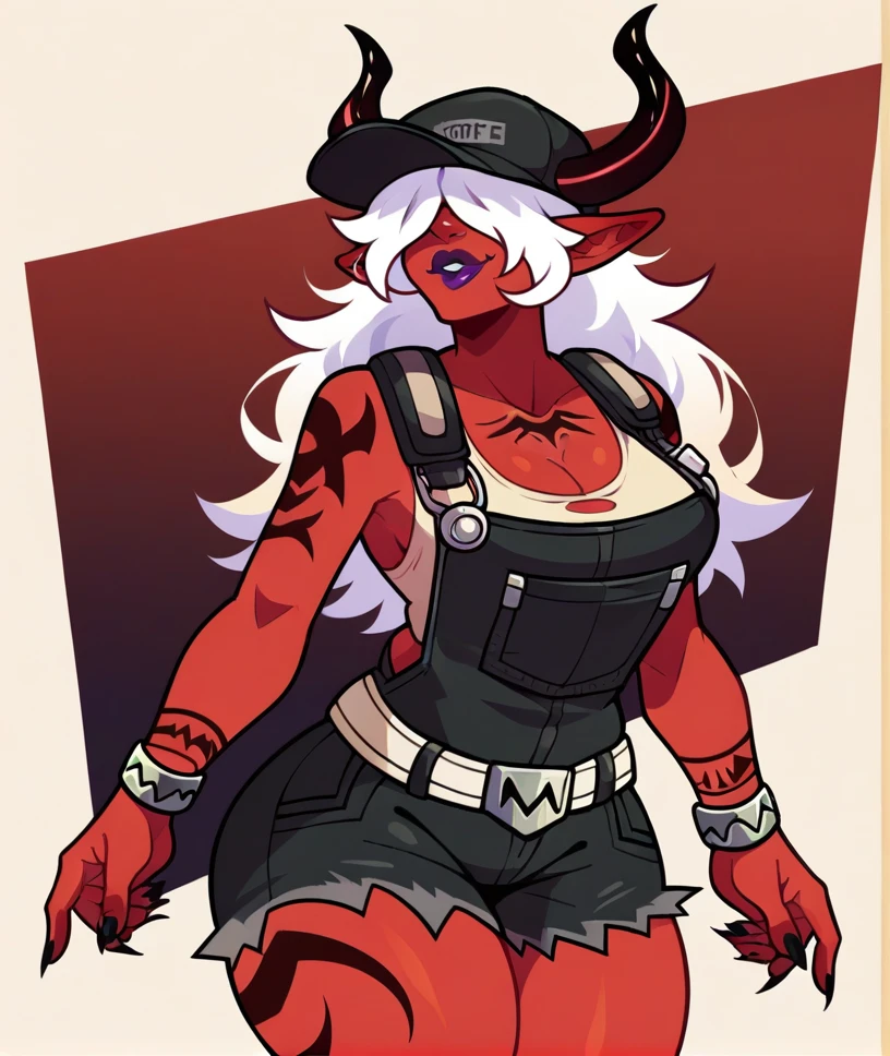 score_9, score_8, score_7, score_6_up, female, solo, 1girl, cowboy shot, 
<lora:Fortnite_Desdemona:0.8>, Desdemona, red skin, red body, hair over eyes, long white hair, black horns, pointy ears, tribal tattoo, chest tattoo, smile, round lips, 
white shirt, black overalls, torn shorts, bare shoulders, black baseball cap, belt, bracelet, purple lipstick, nail polish, 
wide hips, thick thighs, medium breasts, cleavage, 
standing, multicolored background,