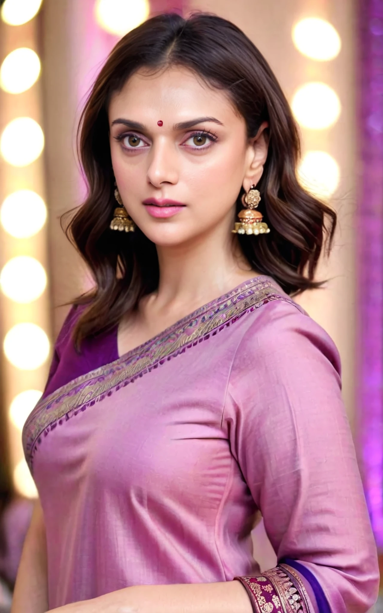 full body photo of aditi rao hydari woman, solo, bob hair cut, serious look, looking at the camera,  Mauve ethnic clothing, night time, contrasting background bokeh,  <lora:Aditi_Rao_Hydari_SDXL_LoRA_prodigy_local_xformers_HNE-step00000500:1>