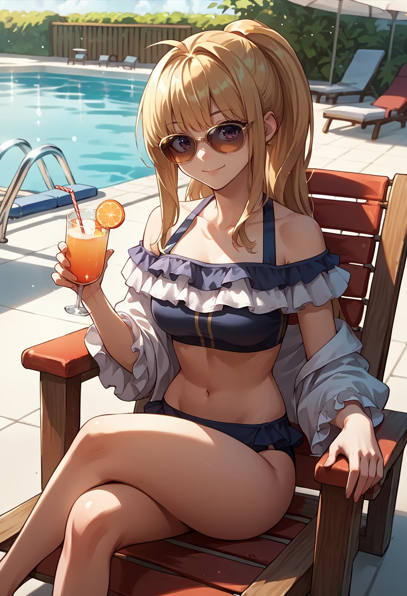 masterpiece,best quality,highres,ultra-detailed,koala \(one piece\),sun hat,hat ribbon,blue ribbon,short hair,large breasts,cleavage,necklace,hooded jacket,long sleeves,open clothes,frilled swimsuit,blue one-piece swimsuit,striped,bracelet,<lora:koala_(one_piece):0.7>,beach,beach umbrella,beach chair,(on back:1.2),:d,sideways_glance,cup,holding cup,sitting,