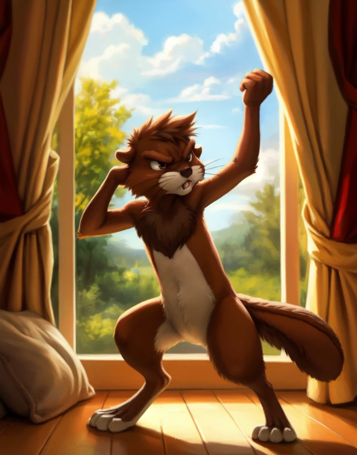 <lora:AirAcademSquirrelN1:0.9>  AirAcademSquirrelN1, Squirrel, tail,  (fighting stance, angry pose)
Male, Detailed multicolored skin, ( solo), [day, room , luxury room, children's room window, landscape outside the window, curtains, bed, pillows, light from the window], 
(beautiful, aesthetic, perfect, delicate, intricate), masterpiece, digital drawing, best quality, AS-YoungerV2:0.6, AS-YoungestV2:0.5,   
[by kenket|by totesfleisch8], by thebigslick:by silverfox5213:0.8], [by syuro, by paloma-paloma::0.2, (Tricksta, TotesFleisch8)