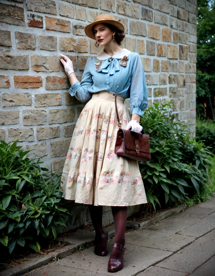 score_9,score_8_up,uncensored,realistic,1girl,<lora:Vintage_Fashion:1>,vintage fashion,hat,brown hair,jewelry,dress,skirt,pantyhose,handbag,gloves,outdoors,