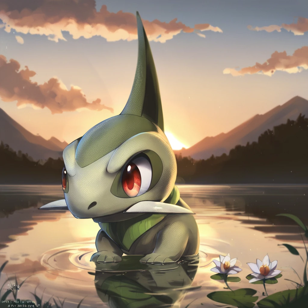 score_9, score_8_up, score_7_up, score_6_up, rating_safe, axew, pokemon, feral, a professional photograph of Axew relaxing by a lake, red eyes, reeds, sunset, beautiful, outstanding, vintage cinematic photography