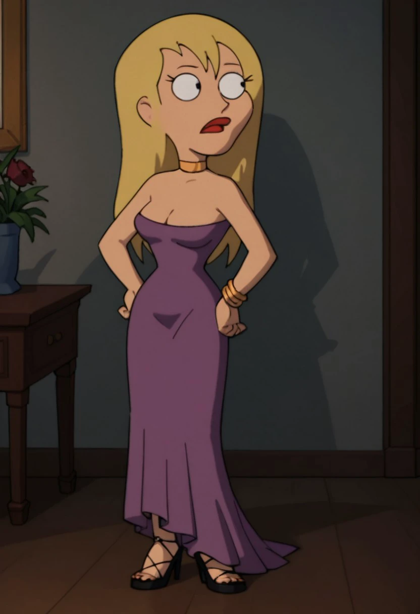 Score_9_up, score_8_up, score_7_up, 1girl, solo, jrwfg, blonde hair, long hair, choker, purple dress, cleavage, black high heels, hand on hip,