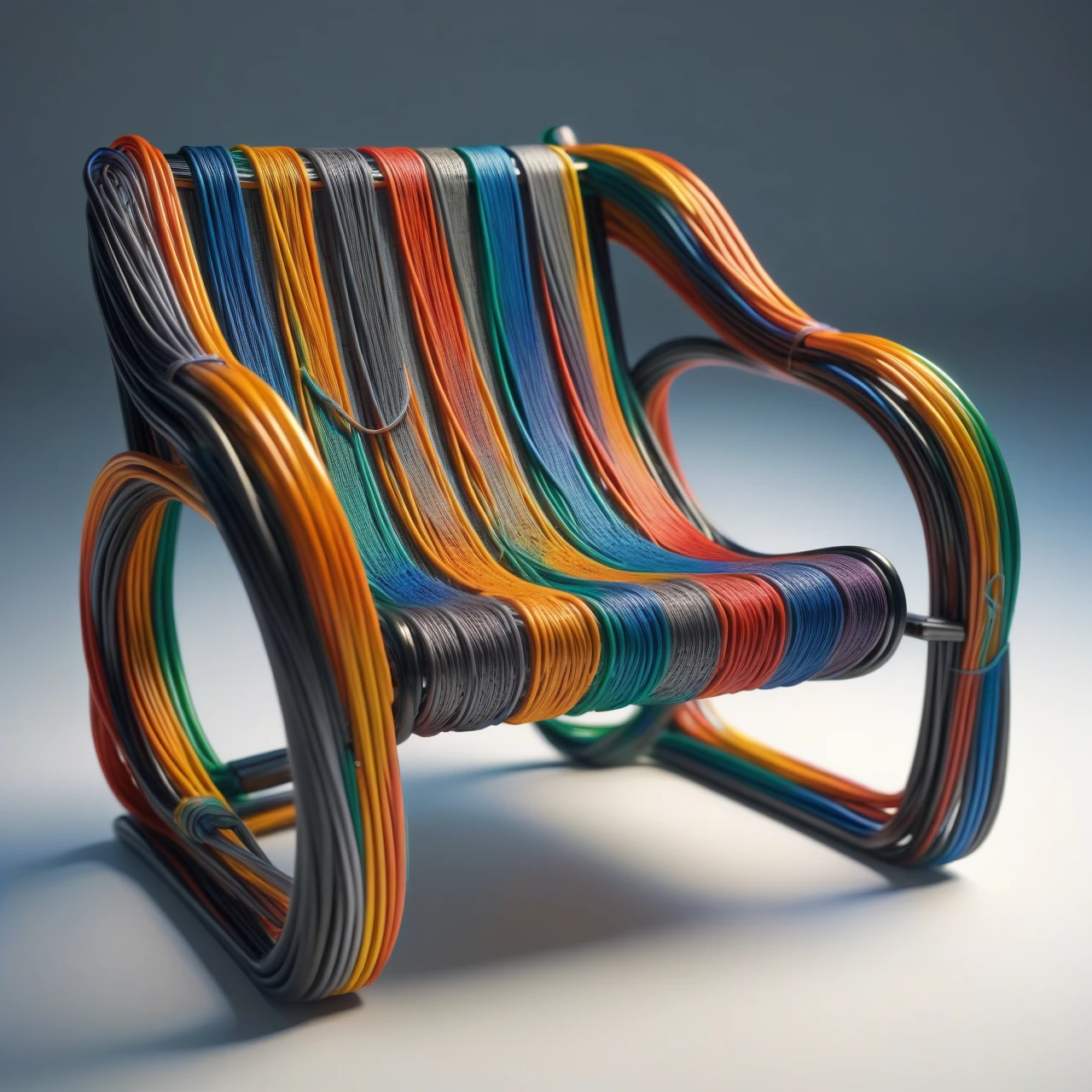 a chair made out of Jed-Cable , sharp and in focus,  <lora:ColourfulCableStyle:0.5> ,