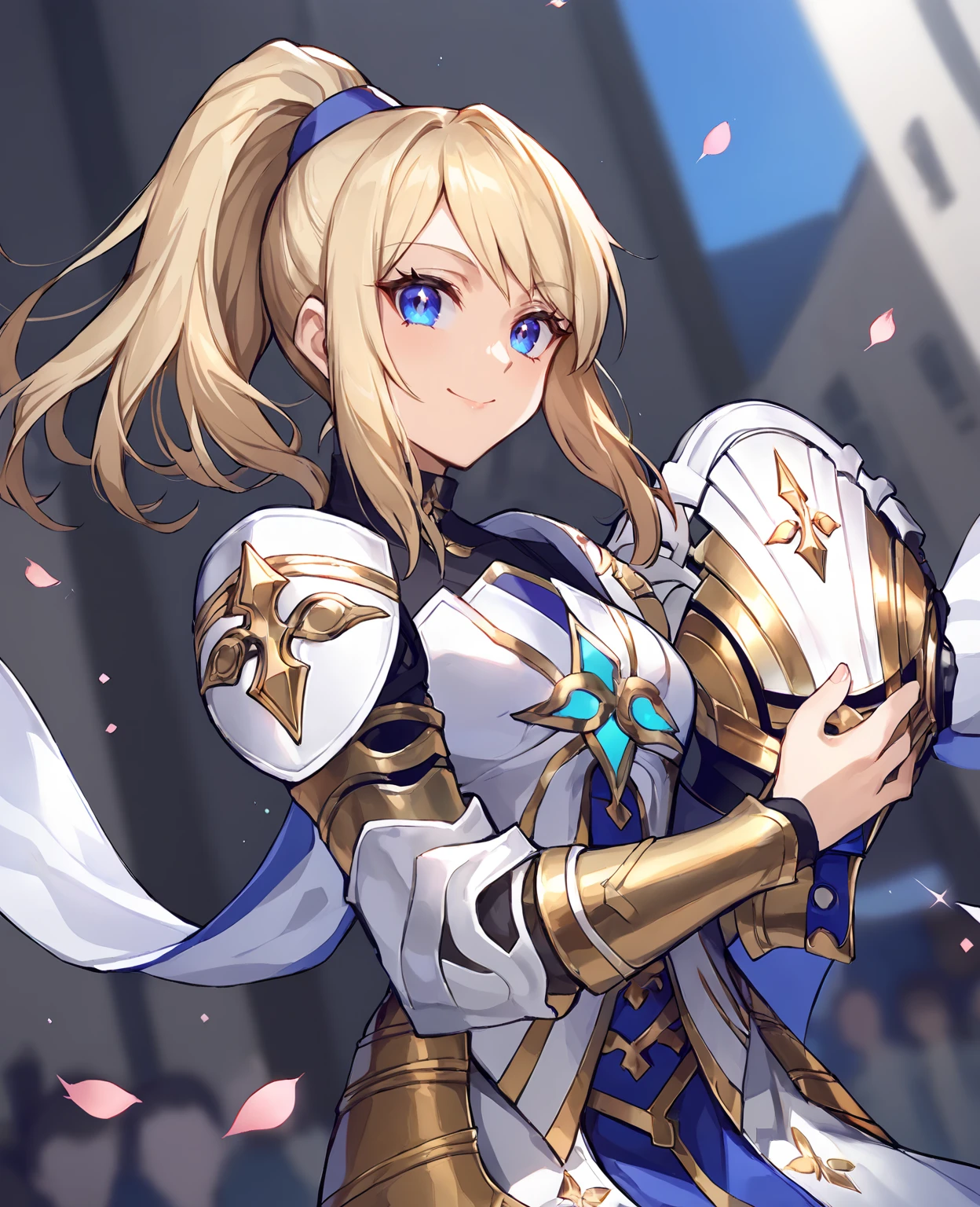 score_9,score_8_up,score_7_up,source_anime,rating_safe BREAK masterpiece,highres,best quality,high quality,dramatic angle,cinematic lighting,BREAK,<lora:ShadowverseHolySaber_PonyXL_V1:1> ,1girl,blonde hair,hair ornament,ponytail,helmet,white armor,white and blue dress,looking at viewer,portrait,dutch angle,blue eyes,alternative2,dynamic angle,holding helmet,smile,depth of field,extremely detailed background,blue sky,depth of field,at the gate of city,gothic architecture,<lora:flat_sdxl:-0.2>,<lora:add-detail-xl:0.2> ,gold trim,holy light,crowd,floating petals,flag,closed mouth,outstretched hand,