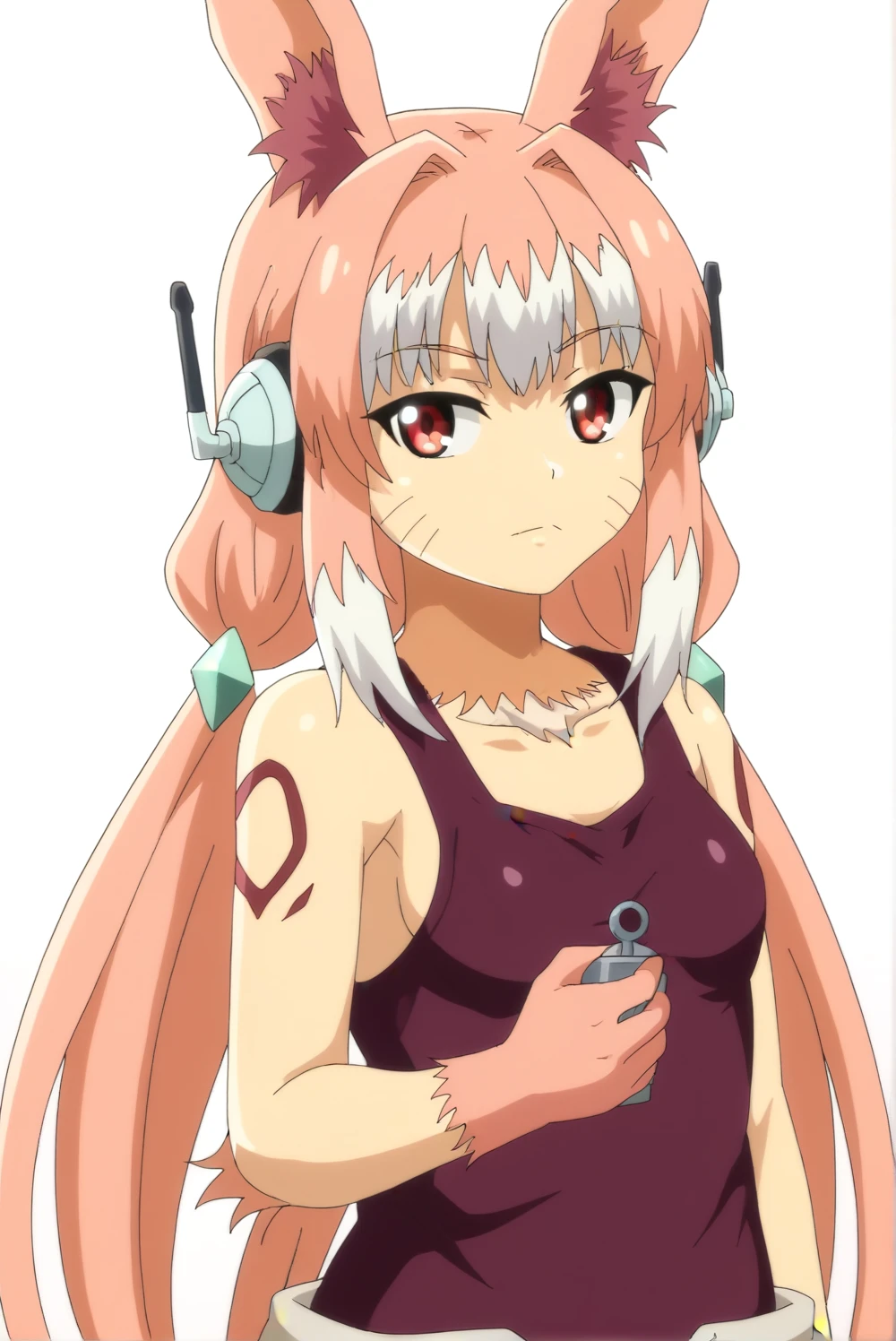 colorful,(masterpiece:1.4), (best quality:1.4), realistic, 1girl, pink bodysuit, gloves, shiny clothes, latex bodysuit, skin tight, jacket, long sleeves, twintails, animal ear headphones, white hair, very long hair, pink eyes, outdoors, destruction, ruins, rubble