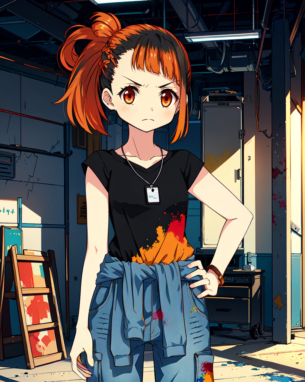 masterpiece, high quality, mgrcoobajuri, 1girl, upper body, medium shot, standing, red eyes, orange hair, folded ponytail, black top, dog tags, blue jeans pants, blue work suit tied on belly, leather wrist wrap, paint stains, hands on hips, (angry:0.85), indoors, garage, <lora:mgrcoobajuri:0.8>