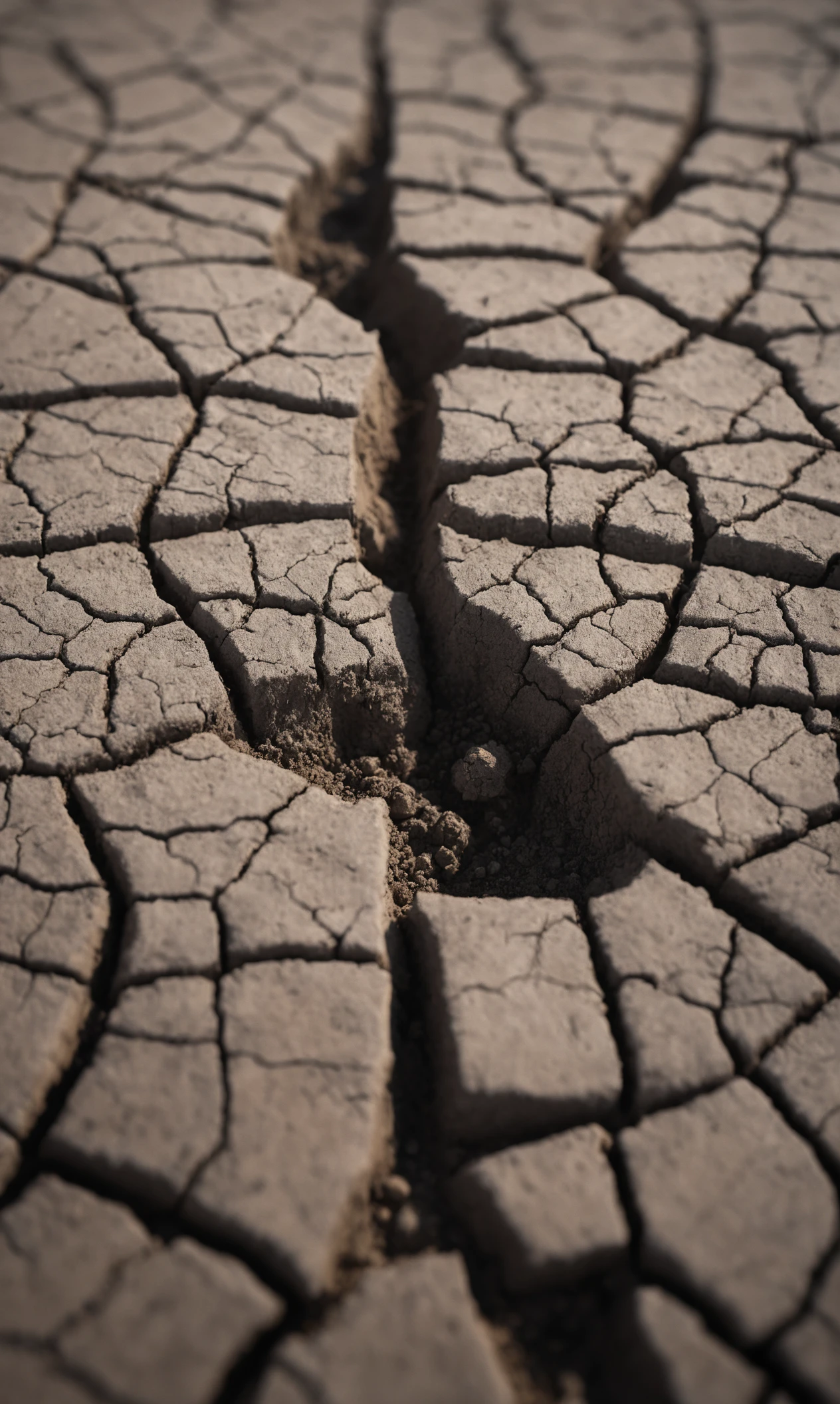A macro photograph of a cracked, parched soil surface, capturing the fine details and textures of the earth. Shot with a Canon EOS 5DS R, 100mm f/2.8L Macro IS USM lens, f/11 aperture, 1/200 sec shutter speed, ISO 200. Sharp focus on the soil cracks with a blurred background to enhance the depth of the textures. Soft, natural lighting to highlight the arid conditions. Masterpiece, by Sebastião Salgado, high resolution detail, studio photo quality