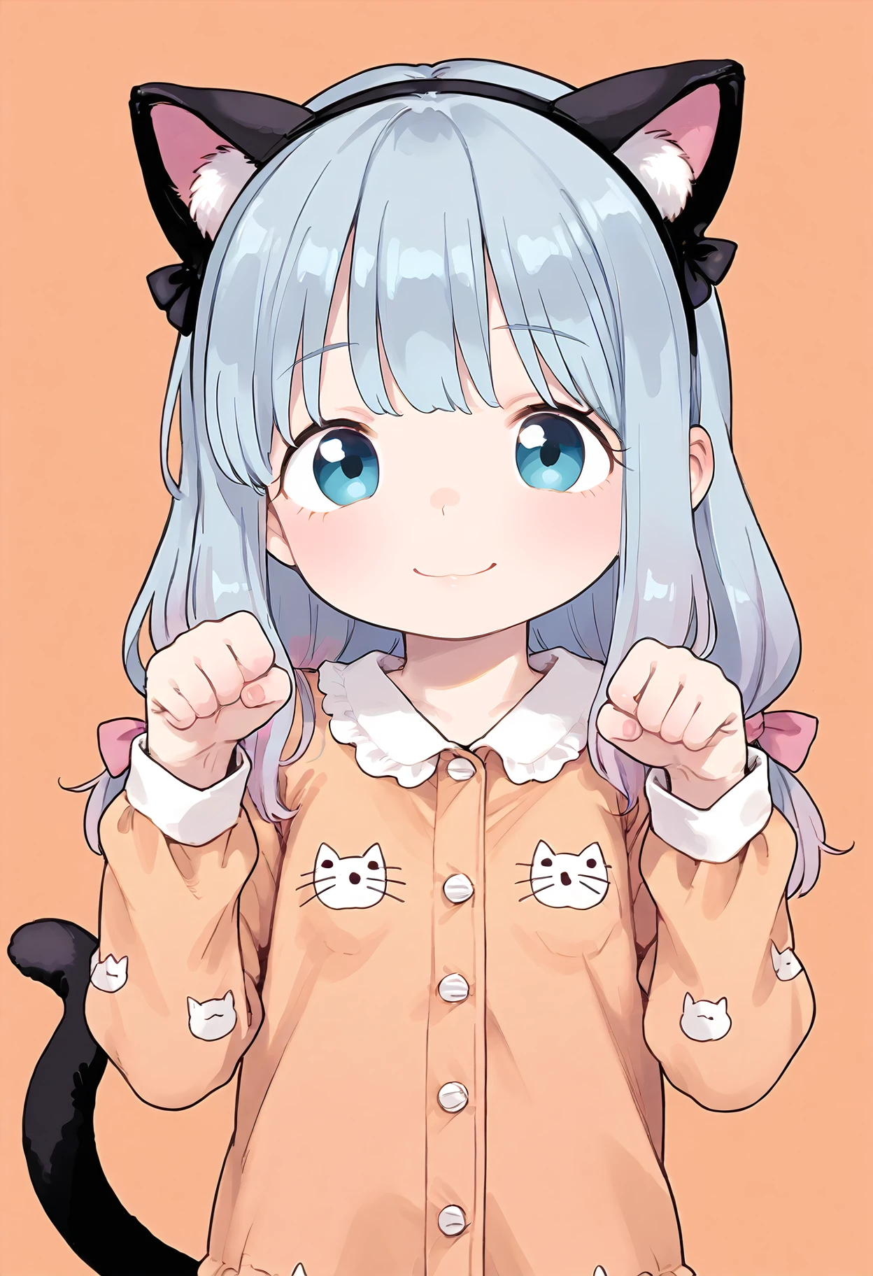 score_9,
1girl, izumi sagiri, upper body, looking at viewer, upper body, paw pose, cat ears, pajamas, smile, tail,fake animal ears,