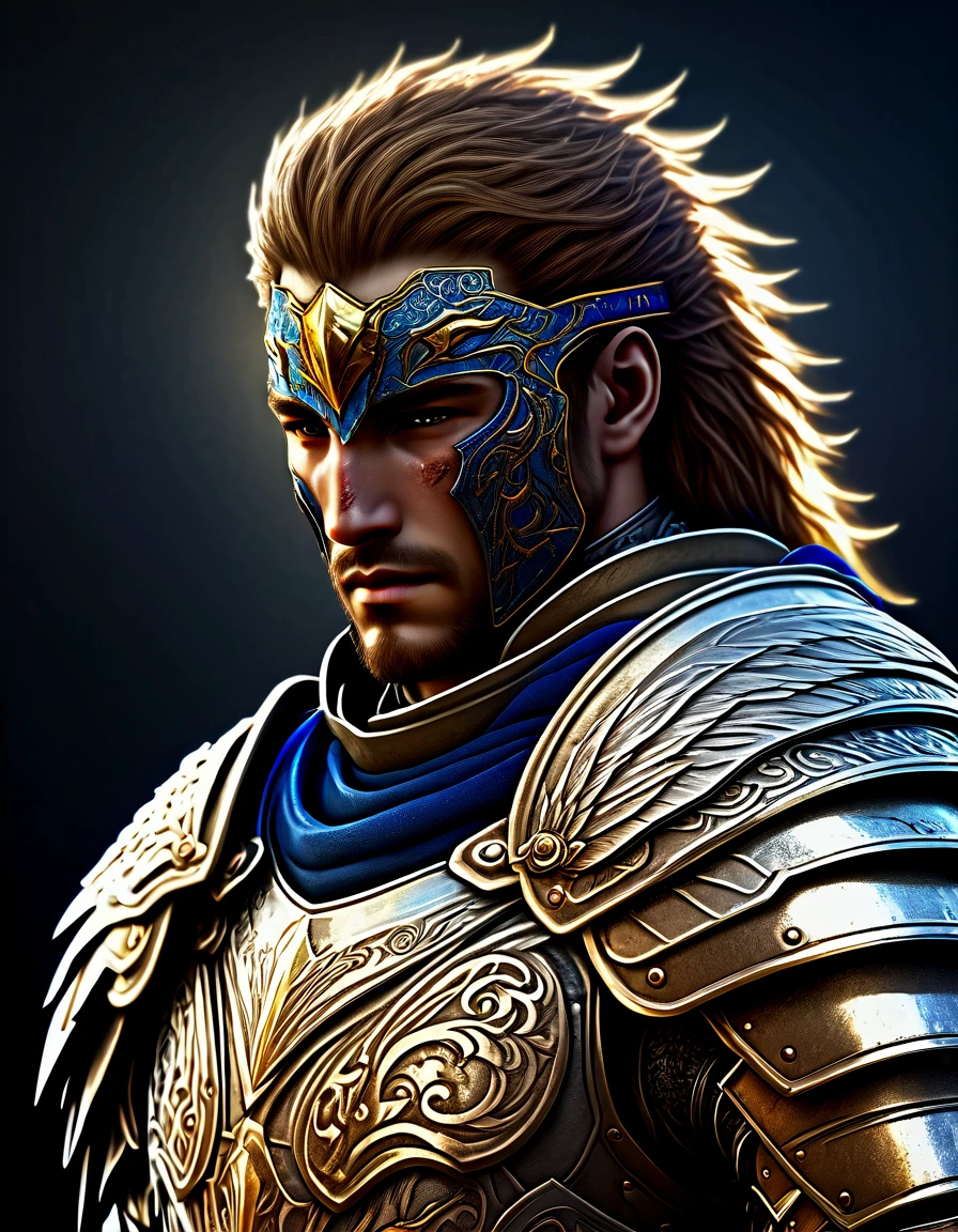 disciples 2, dark theme, half body Illustration of Pegasus Knight, grizzled and scarred face, blue and gold armor, brown hair, masterpiece, best quality, Half Body, portrait, portrait, ((intricate details)), hdr, ((intricate details, hyperdetailed)), cinematic shot, glare, Iridescent, Global Illumination, soft light, dream light, illustration, 