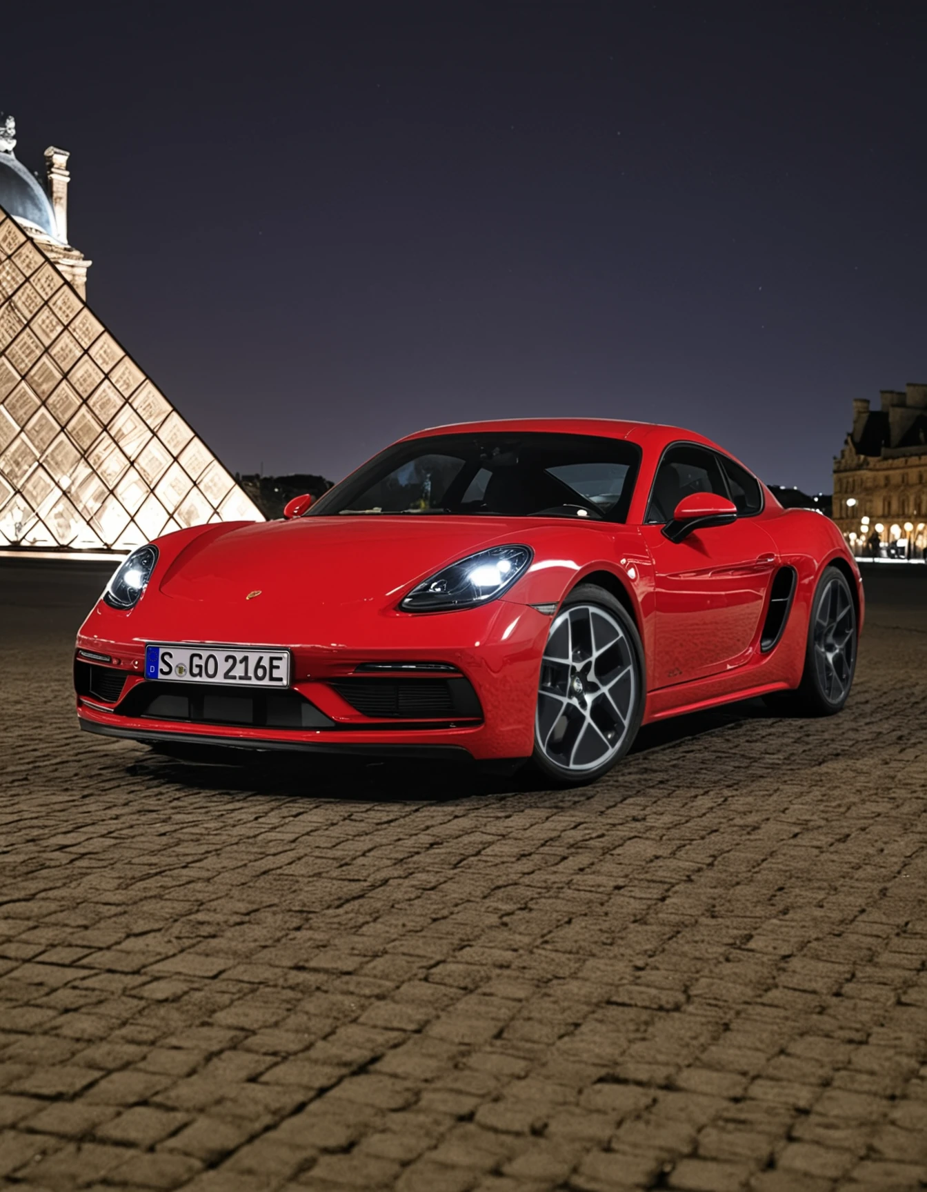 Cayman, a red Porsche Cayman sports car parked in front of the LOUVRE at night
