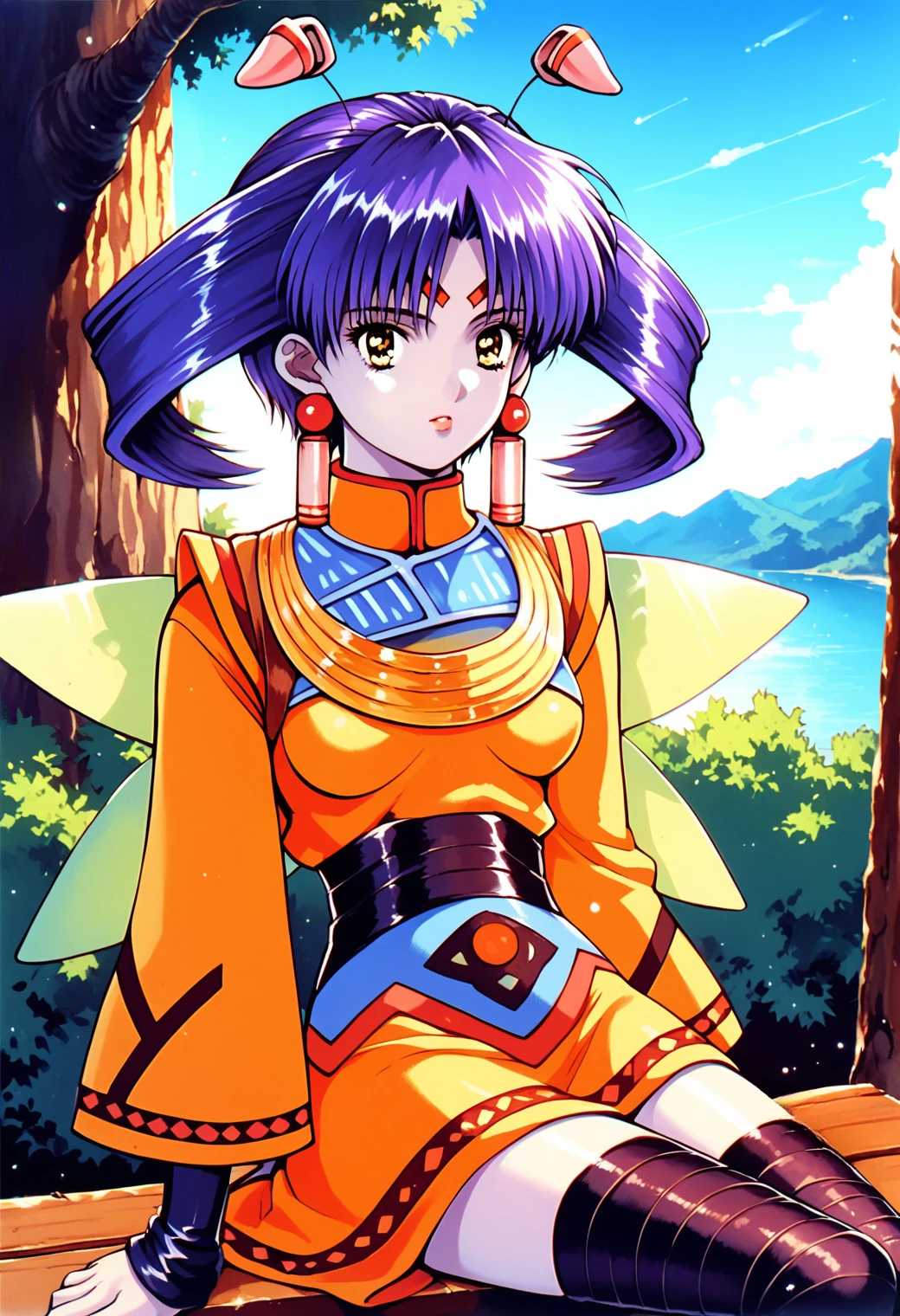 <lora:tio_grandia_ponyxl_v4:1>, tio, facial mark, forehead mark, earrings, wings, antennae, purple hair, yellow eyes, twintails, grey skin,
sitting, on bench, wooden bench,
orange dress, multicolored dress, short dress, wide sleeves, yellow torc, black gloves, fingerless gloves, black belt, bandaged leg, black bandages,
outdoors, tree, bush, blue sky, cloudy sky,
score_9, score_8_up, score_7_up, score_6_up, anime, <lora:nostalgia-000011:0.4>, retro, high quality, detailed, beautiful, shiny, outstanding, countershading, detailed soft lighting, detailed beautiful eyes