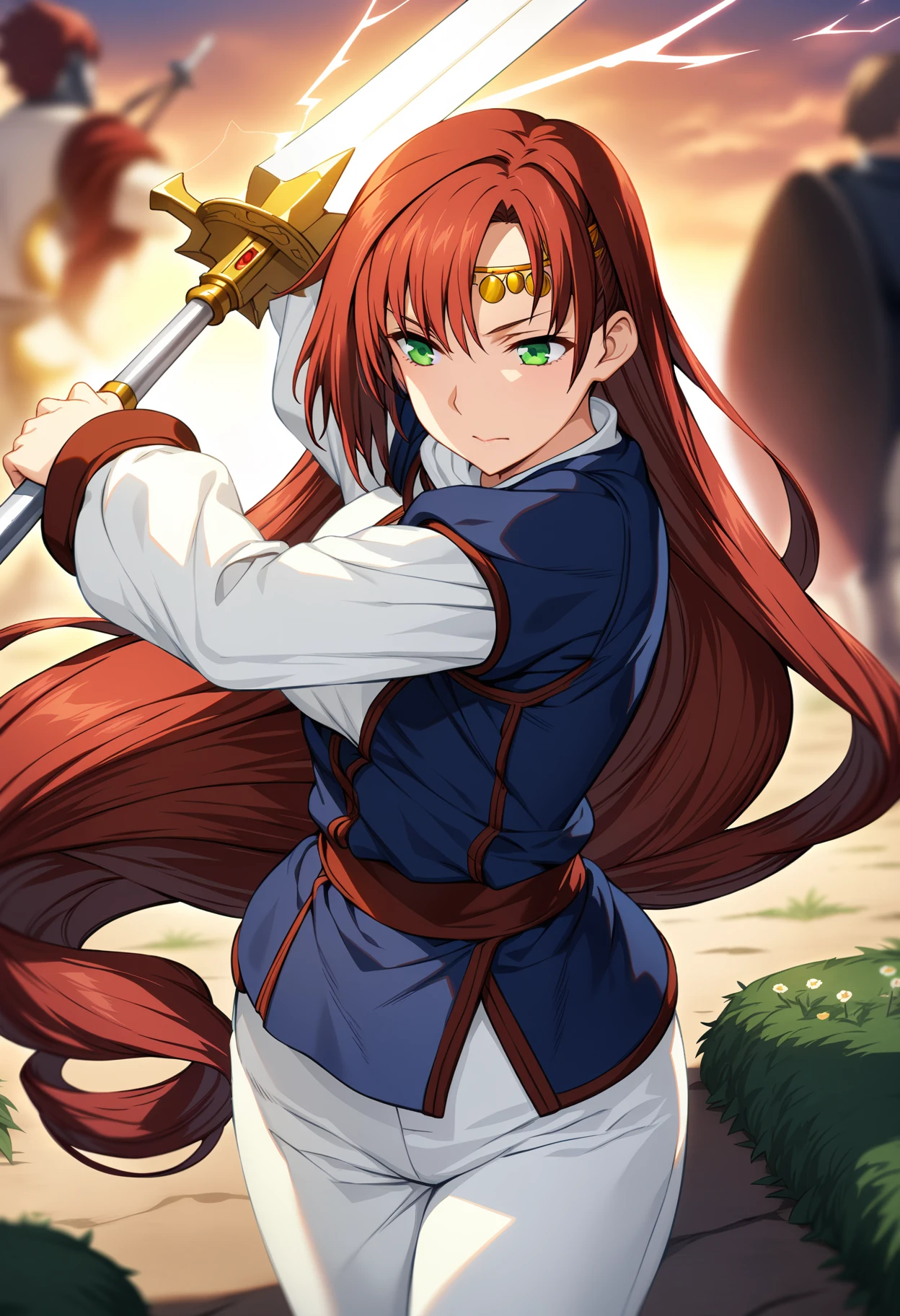 masterpiece,best quality,very aesthetic,absurdres,fantasy,1girl,<lora:elenoa_ran_v2:1>, elenoa_ran,circlet,02clothes,white pants,sword,red hair,very long hair,green eyes,magic,orb,((lightning strike:1.2)),have a sword,<lora:Fixhands_anime_bdsqlsz_V1:1>,
BREAK
blood,blood on clothes,flower,polearm,holding weapon,holding,field,outdoors,spear,solo focus,6+boys,battlefield,motion_blur,lens_flare,knight,landscape,, masterpiece,best quality, very aesthetic, absurdres, ultra detailed, high resolution, 4k, extremely detailed CG,