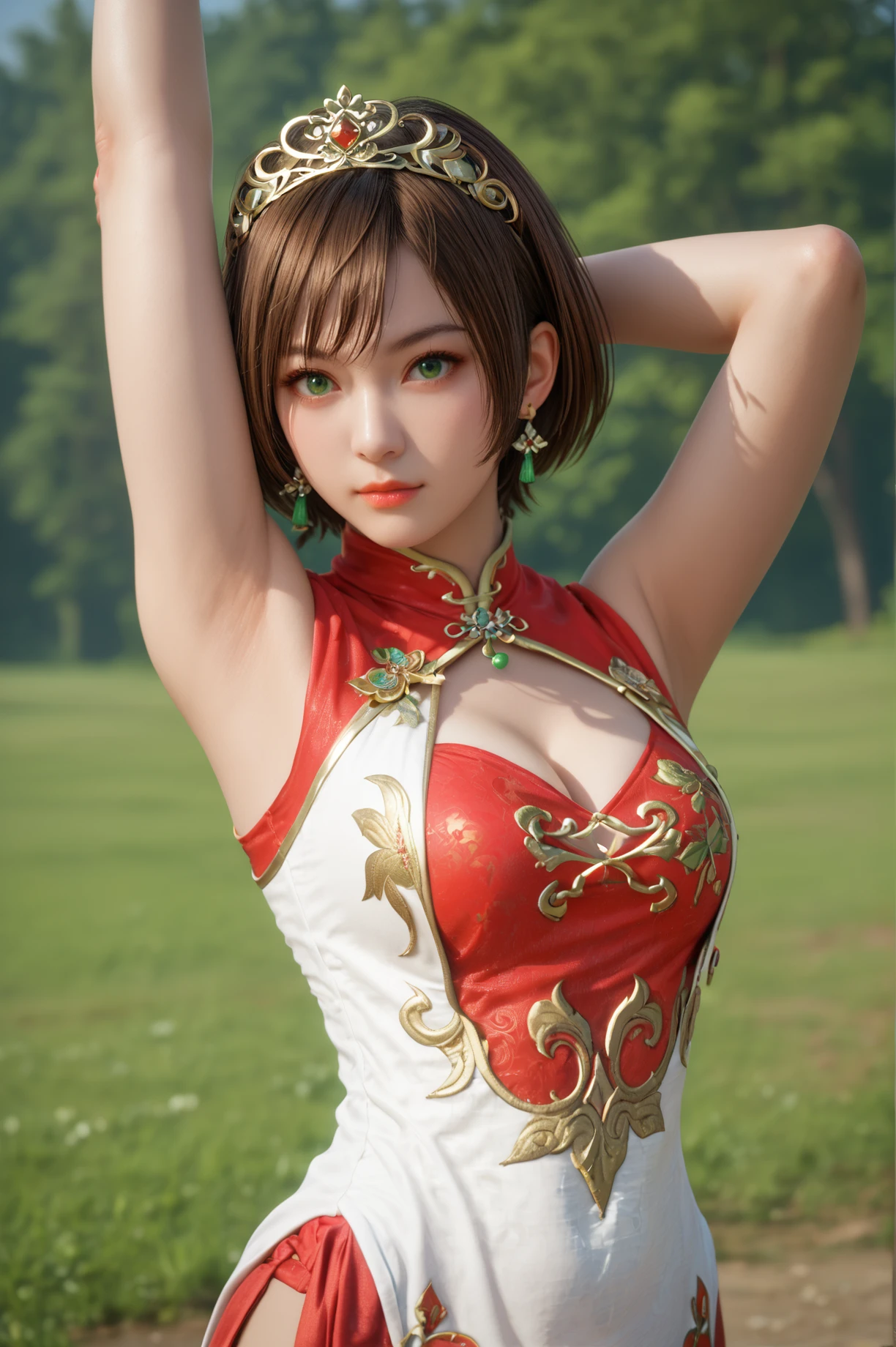 score_9, score_8_up, score_7_up, masterpiece, best quality, perfect anatomy, very aesthetic, BREAK She stands with her hands on her lower back, stretching after a long walk., <lora:Sun_Shangxiang_Dynasty_Warriors:0.7> solo, 1girl, short hair, brown hair, green eyes, tiara, jewelry, earrings, chinese clothes, cleavage cutout, outdoors, looking at viewer