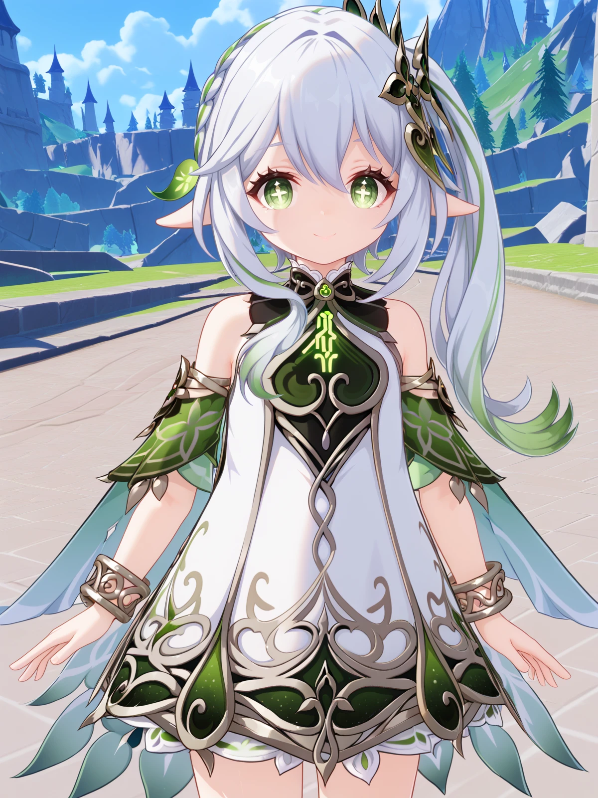 ((score_9)), ((score_8))
nature, vegetation, hidden forest, cowboy shot,standing, looking at viewer, smile,
<lora:nahida-05:1> nahida, 1girl, nahida (genshin impact), dress, white dress, long hair, detached sleeves, side ponytail, pointy ears, cape, white hair, hair ornament, green hair, green eyes, ((cross-shaped pupils:1.3)),, hair between eyes, grey hair, jewelry, bracelet, collarbone