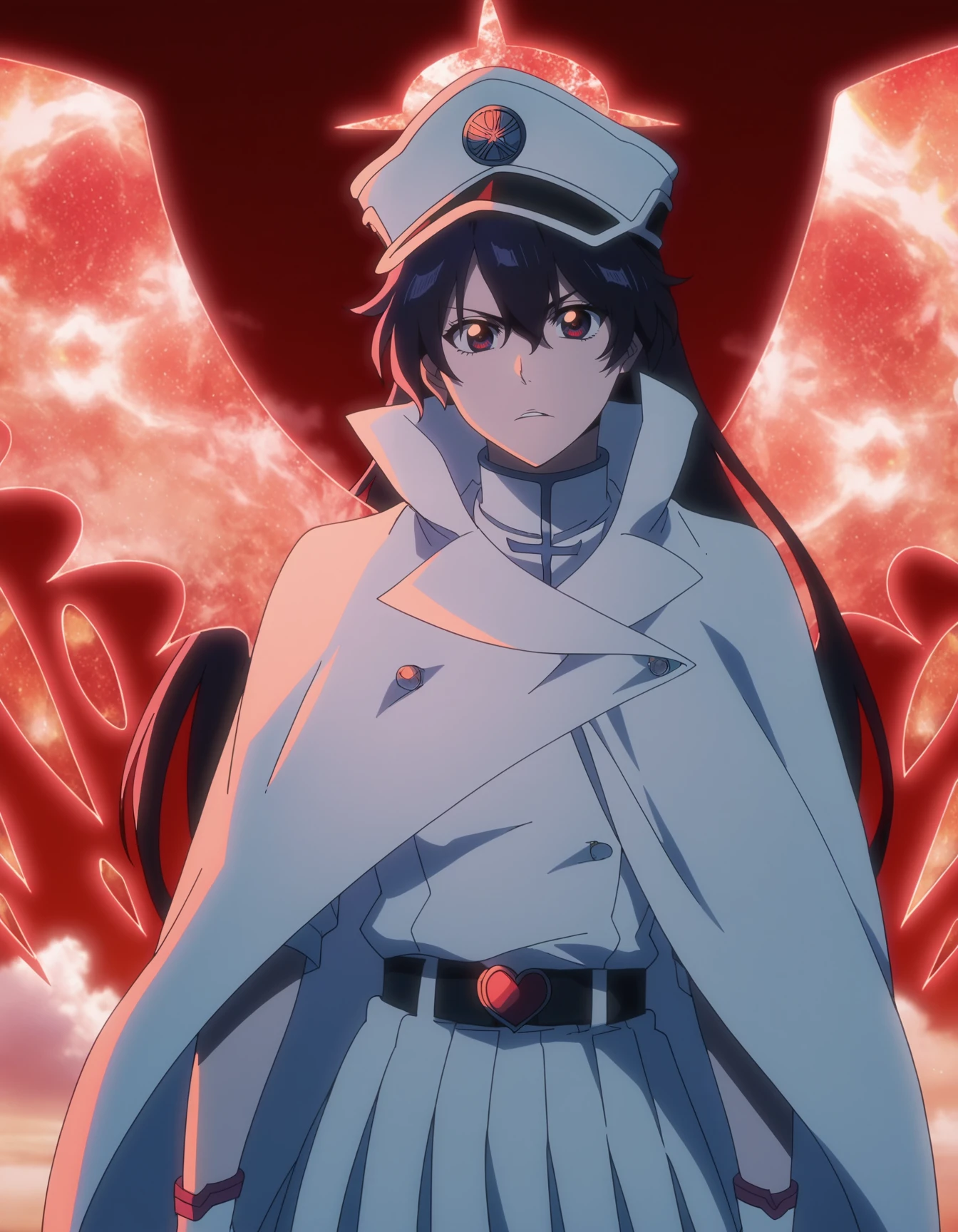 score_9, score_8_up, score_7_up, source_anime,anime screencap,anime coloring,
uncensored,
bambietta,1girl, long hair,hair between eyes,bangs,black hair,
military uniform,hat,gloves,skirt,cape,pleated skirt,high collar,wings,large breasts, 
standing, looking at viewer, cowboy shot, upper body, 
perfect anatomy,
scenery, outdoors, red sky, night,
  <lora:Bambietta Basterbine [Bleach] for PONY_epoch_15:1>