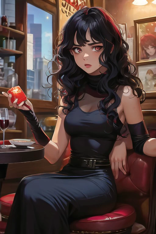 (masterpiece), best quality, expressive eyesWhite Hispanic female Earth Mage in regular clothes, black long skirt and red tank top, lean athletic figure, small breasts, 23 years old, dark black hair with red accents, normal eyes, on a date with a  guy she likes, deep wave hairstyle, sitting outside at a lunch table during the evening at an upscale restaurant,