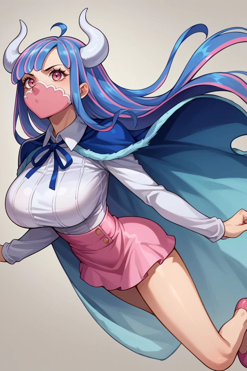 score_9, score_8_up, score_7_up, score_6_up, source_anime, 1girl, solo <lora:ulti-pdxl-nvwls-v1-000005:1> ulti, horns, pink eyes, long hair, multicolored hair, bangs, ahoge, mouth mask, blue cape, white shirt, long sleeves, neck ribbon, light blue skirt, high-waist skirt, large breasts, pink shoes, jumping, midair, from side