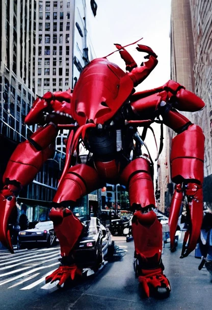 realistic photo of a giant robot lobster roaming in the streets of New York