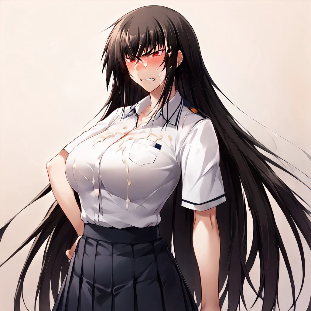 score_9, score_8_up, score_7_up, source_anime, uncensored, zPDXLxxx, <lora:intricate_details:0.5> intricate_details_xl,
 kawakami momoyo, very long hair, black hair, red eyes,large breasts default outfit, 1girl,school uniform,  skirt,  solo,embarrassed, angry<lora:EXcum:0.7>,cum,bukkake,