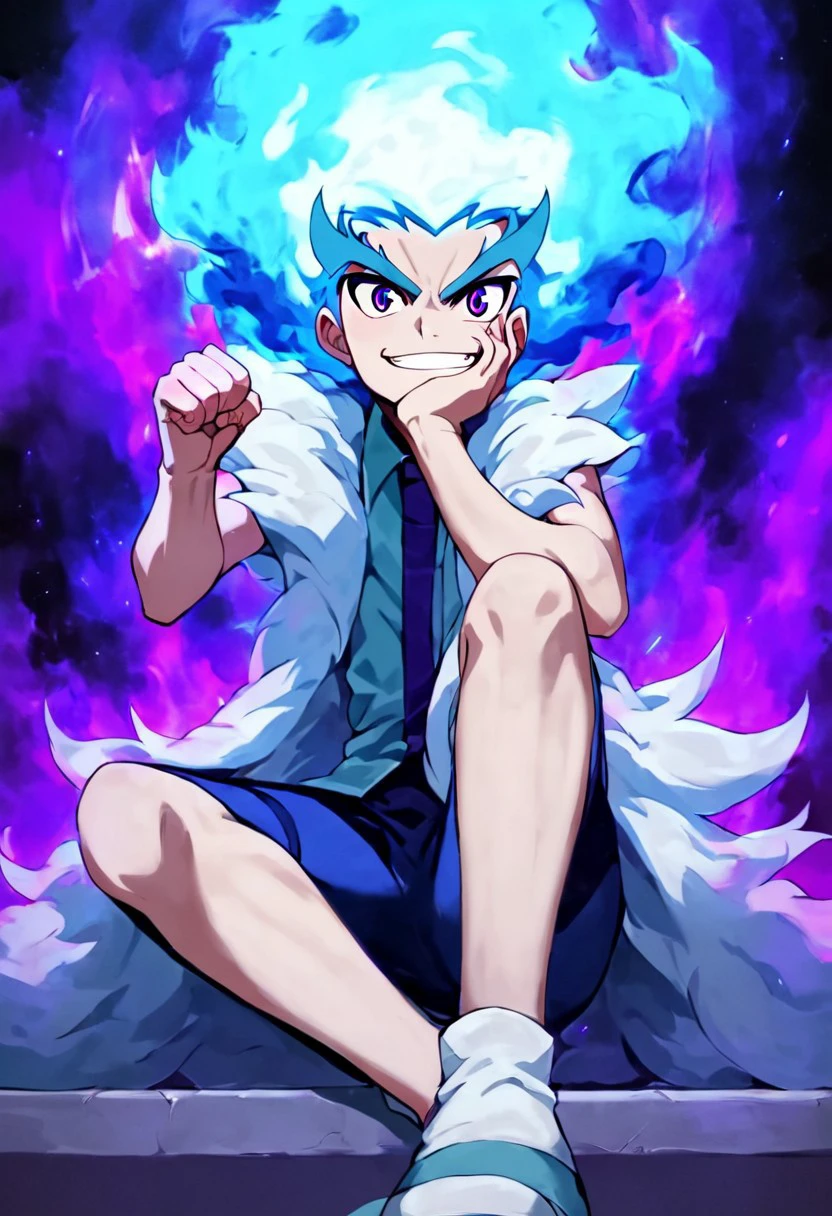 Score_9, Score_8_up, Score_7_up, source_anime, 1boy, luishirosagi, light blue and white hair, purple eyes, perfecteyes, sitting, dominant pose, sitting, knee raised, fist on cheek, aura, mocking smile, negative_hand,