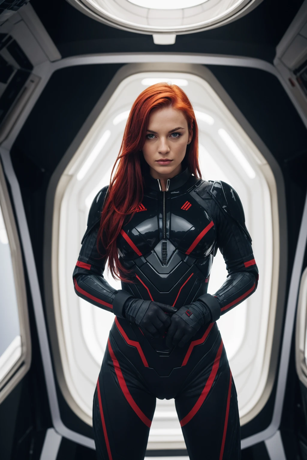 european woman in combat clothes, red hair,black battle suit, sci-fi,in spaceship,highres,