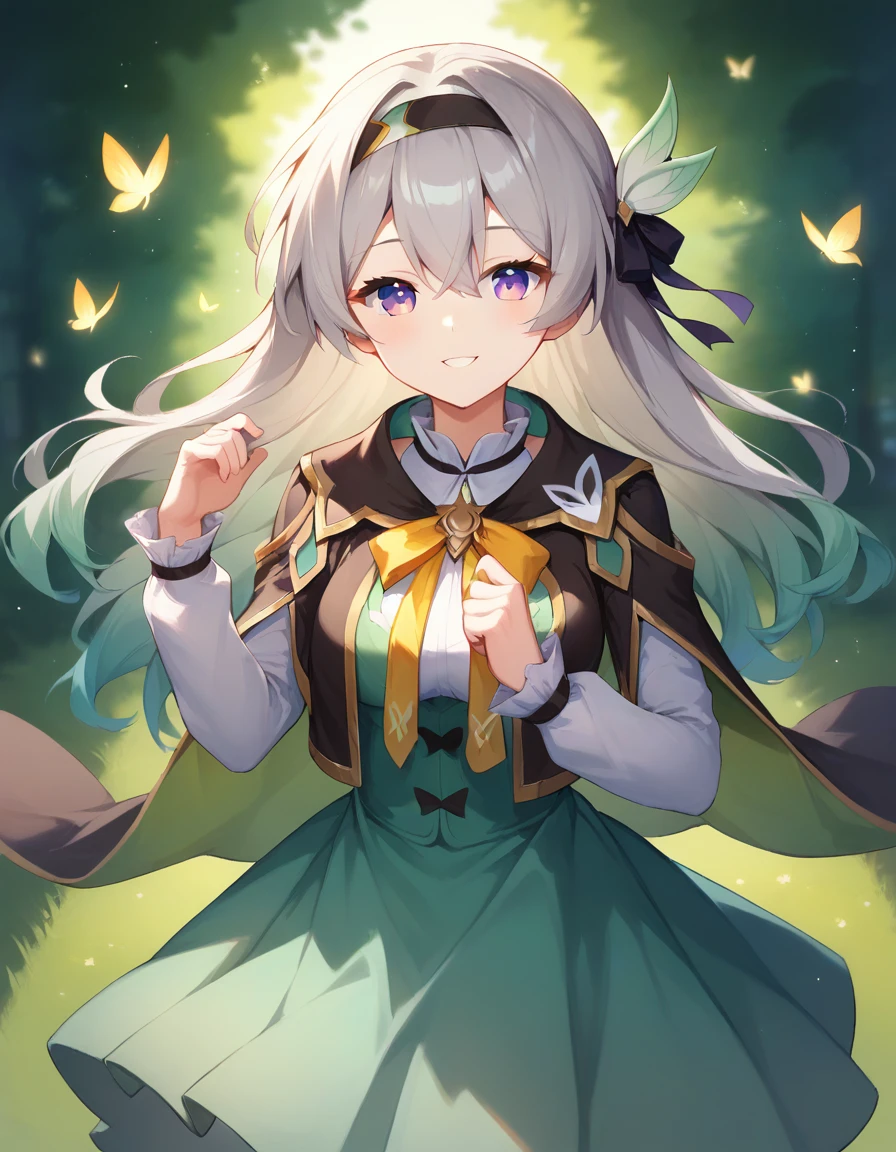 score_9,score_8_up,score_7_up,score_6_up BREAK official art,solo,outdoors,cheek-to-cheek,upper body,(portrait:1.5),looking at viewer,facing viewer,smile,Firefly,long hair,grey hair,gradient hair,multicolored hair,floating hair,black hairband,hair ribbon,black ribbon,hair intakes,leaf hair ornament,hair between eyes,parted bangs,purple eyes,black cape,neck ribbon,yellow ribbon,green dress,long sleeves,medium breasts,green skirt,white bow,zettai ryouiki,black thighhighs,white footwear,<lora:Firefly(hsr)-Pony:1.2>,<lora:Smooth Anime Style LoRA XL:0.8>,