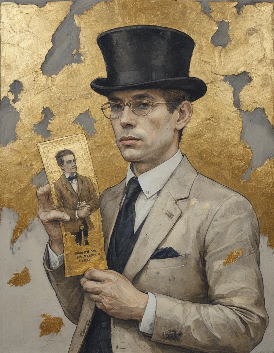 gold leaf portrait of a a stern swiss banker refusing your loan request